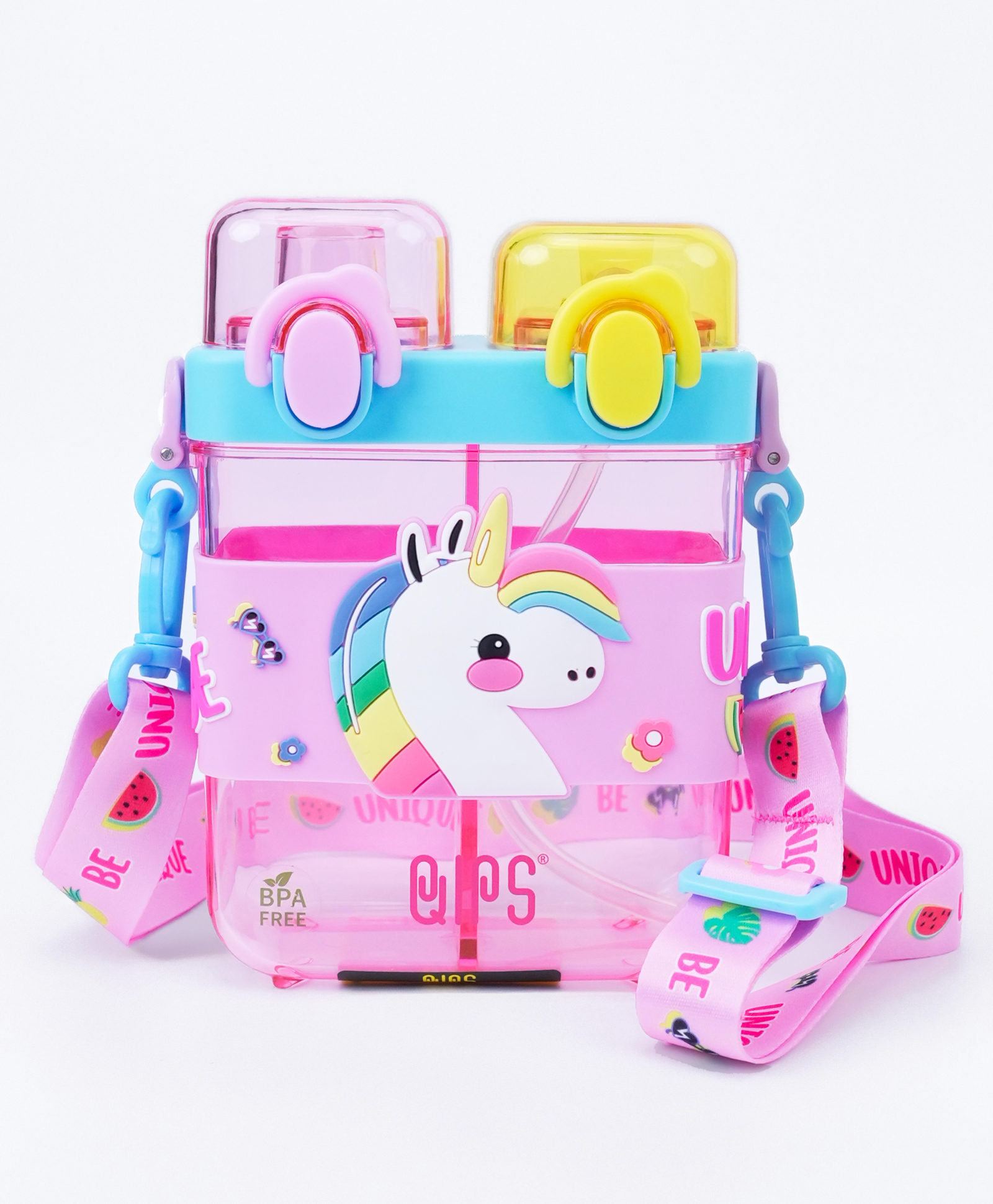 QIPS Kids 680ml Tritan Sipper Bottle with Dual Compartment Straw & Spout Carry Strap and 3D Unicorn Design- Pink-picture-10
