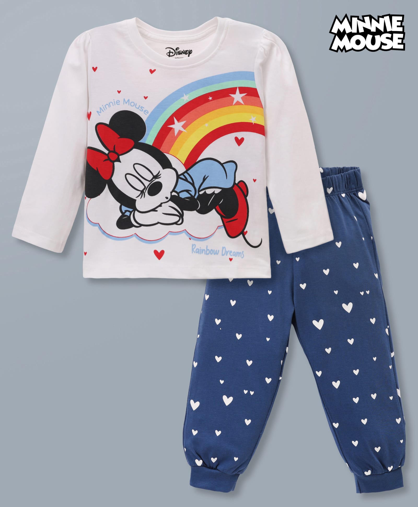 Babyhug Disney Single Jersey Knit Full Sleeves T-Shirt & Pyjama Night Suit with Heart Rainbow & Minnie Mouse Graphic - White-picture-19