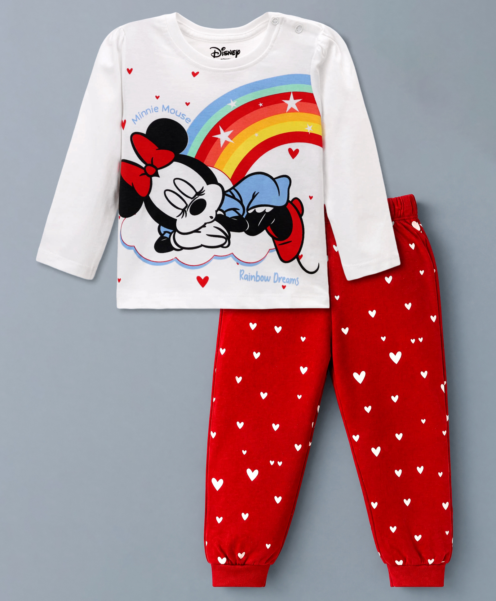 Babyhug Disney Single Jersey Knit Full Sleeves T-Shirt & Pyjama Night Suit with Heart Rainbow & Minnie Mouse Graphic - White-picture-22