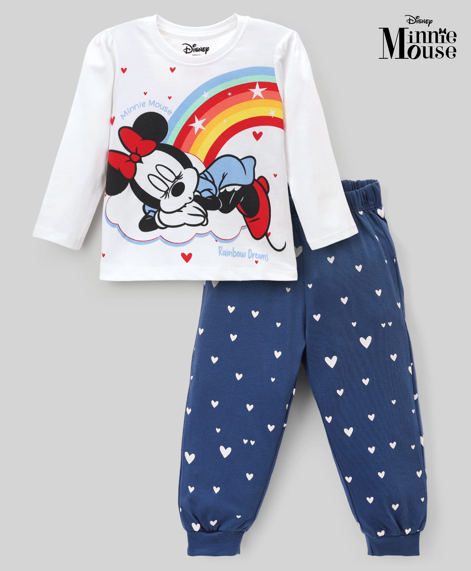Babyhug Disney Single Jersey Knit Full Sleeves T-Shirt & Pyjama Night Suit with Heart Rainbow & Minnie Mouse Graphic - White-picture-21