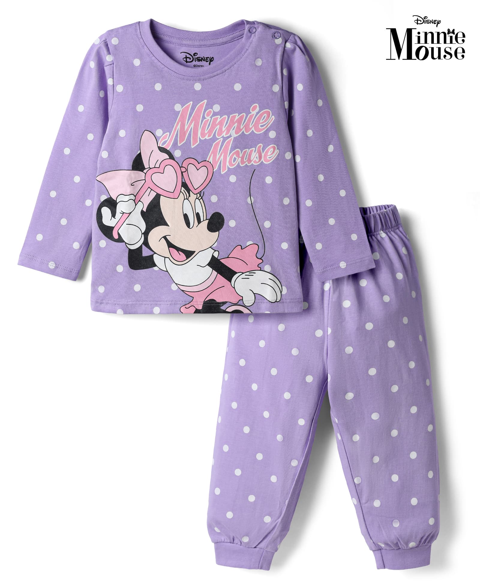 Babyhug Disney Single Jersey Knit Full Sleeves T-Shirt & Pyjama Night Suit with Polka Dots & Minnie Mouse Graphic - Lavender-image-14