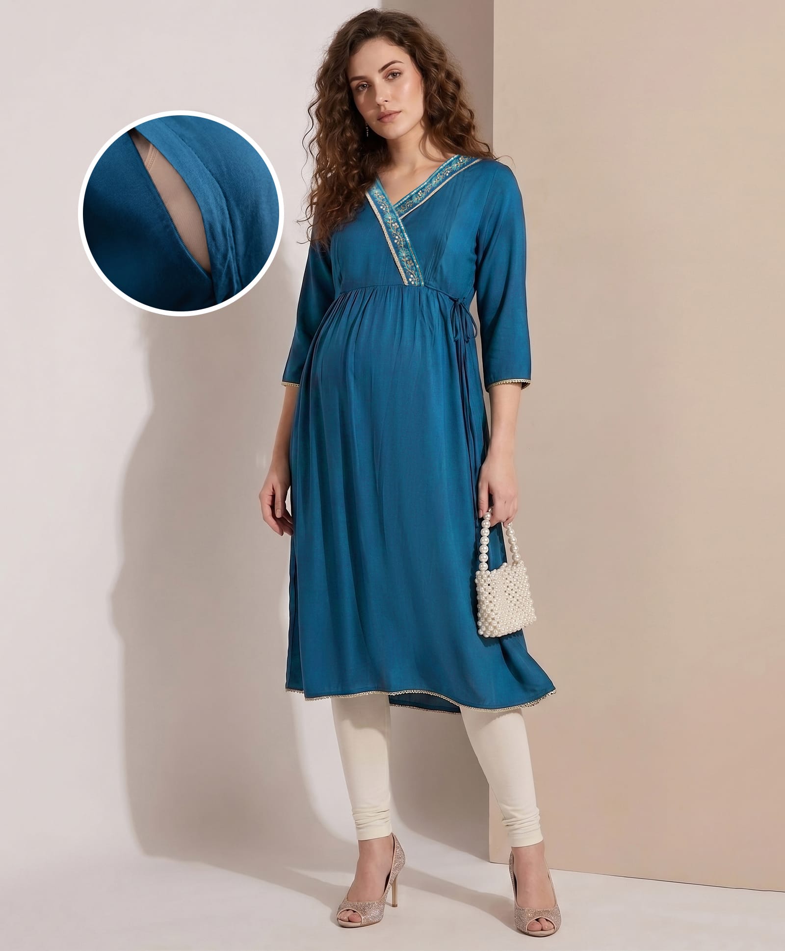 Bella Mama Viscose Woven Three Forth Sleeves Maternity Kurta With Solid Floral Embroidered Neck Overlapping Yoke - Teal Blue-image-47