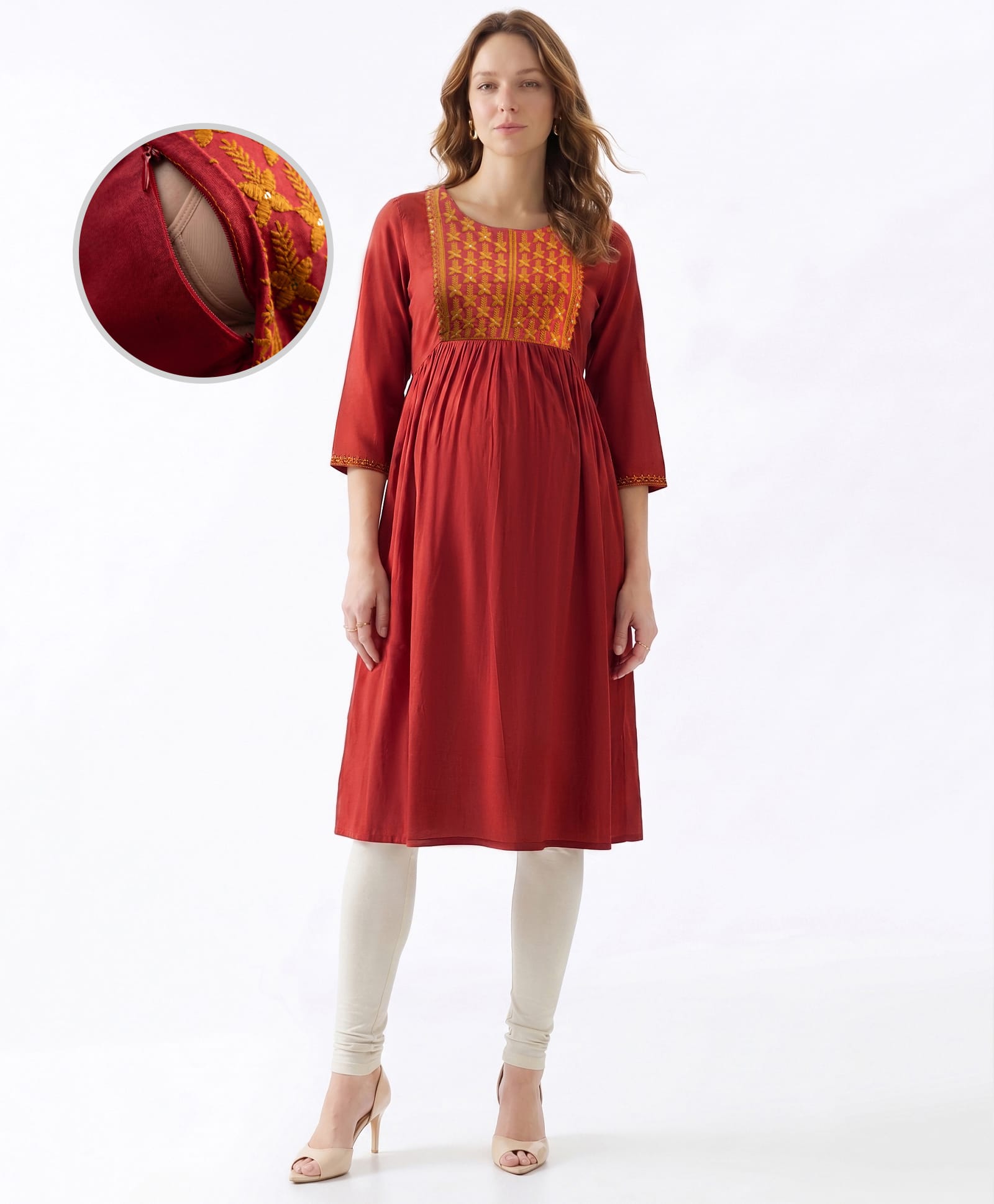 Bella Mama Viscose Woven Three Forth Sleeves Maternity Kurta With Solid Floral Embroidered Neck Overlapping Yoke - Pink-image-49