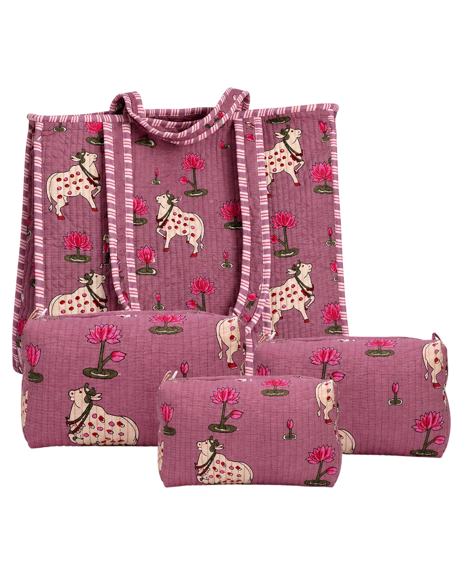 MOMISY Quilted Cotton Tote Bag with 3 Pouches Jaipuri Printed 4-Piece Set (Pink)-image-24