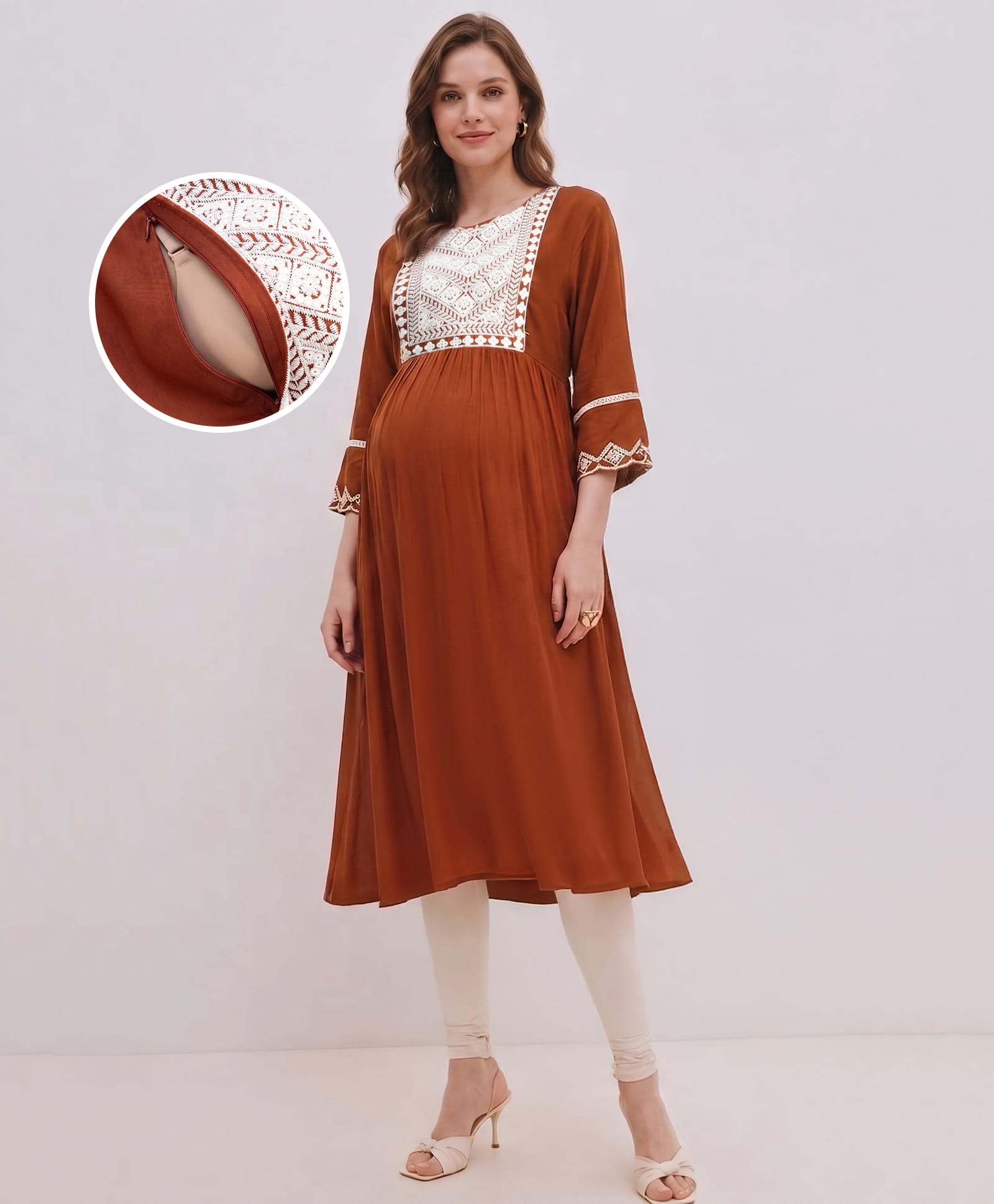 Bella Mama Viscose Woven Three Forth Sleeves Maternity Kurta With Solid Floral Embroidered Neck Overlapping Yoke - Brown-picture-46