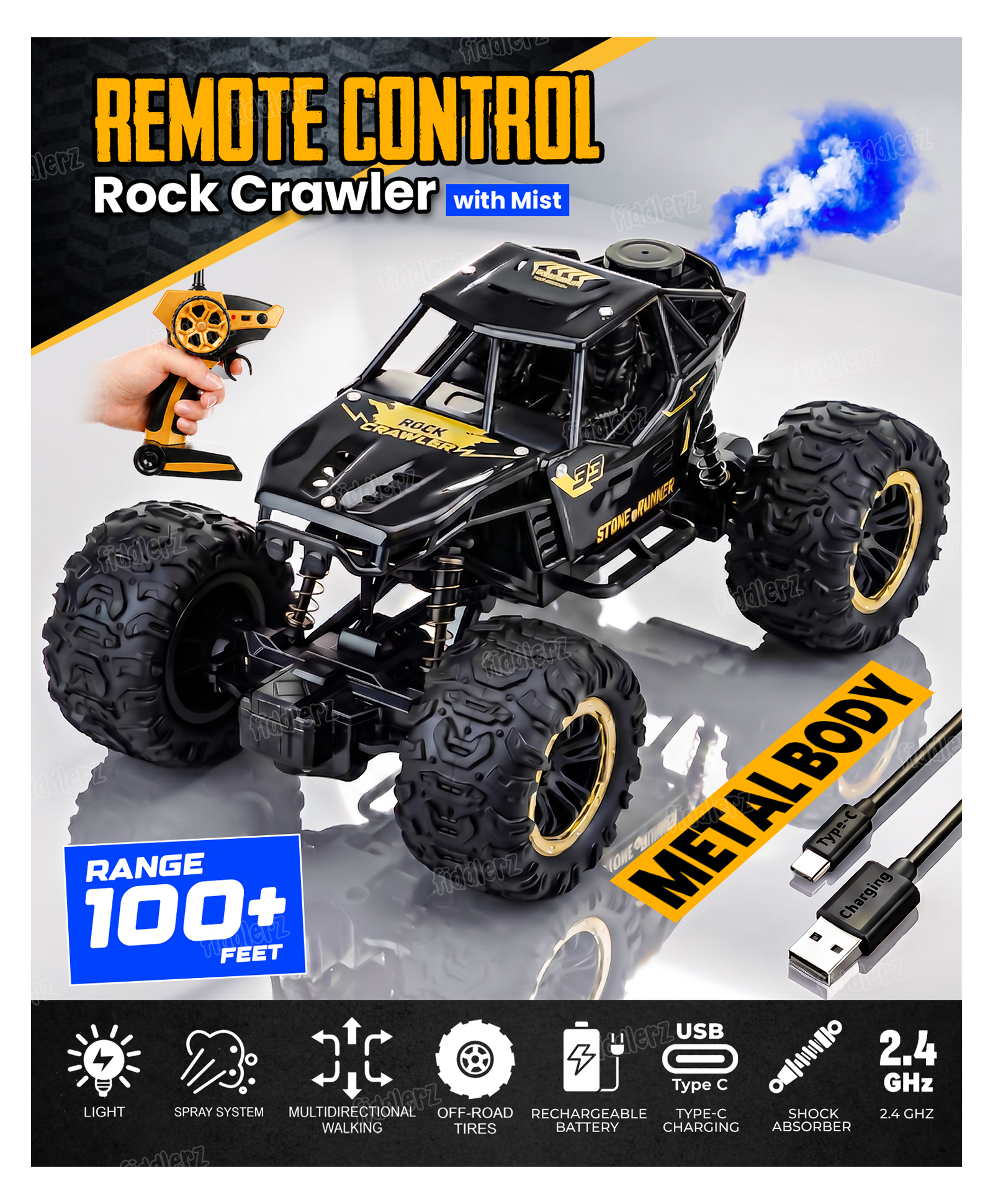 Fiddlerz Remote Control Car Toy for Kids | Mist Spray Effect Rock Crawler Monster Truck Drift RC Car | 100+ft Range 2.4GHz Remote | Rechargeable | Type-C USB | Off-Road Climbing Racing Car Black-picture-17