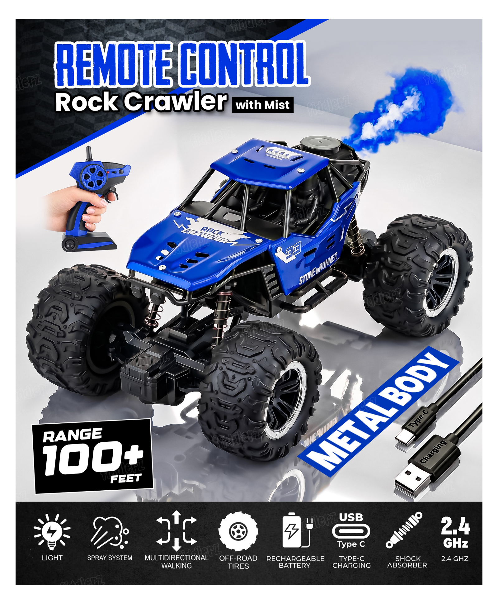 Fiddlerz Remote Control Car Toy for Kids | Mist Spray Effect Rock Crawler Monster Truck Drift RC Car | 100+ft Range 2.4GHz Remote | Rechargeable | Type-C USB | Off-Road Climbing Racing Car Blue-image-17