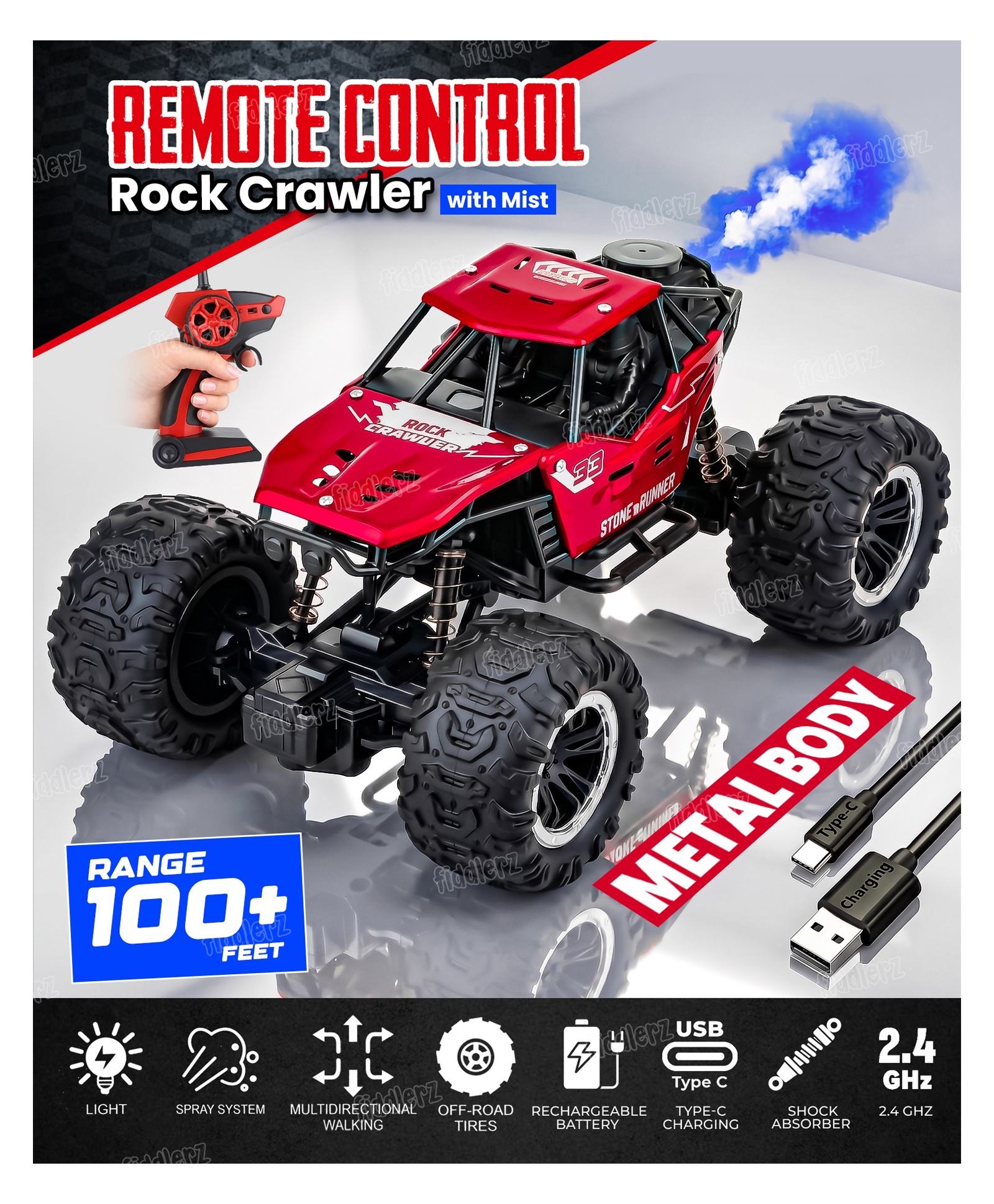 Fiddlerz Remote Control Car Toy for Kids | Mist Spray Effect Rock Crawler Monster Truck Drift RC Car | 100+ft Range 2.4GHz Remote | Rechargeable | Type-C USB | Off-Road Climbing Racing Car Red-image-24