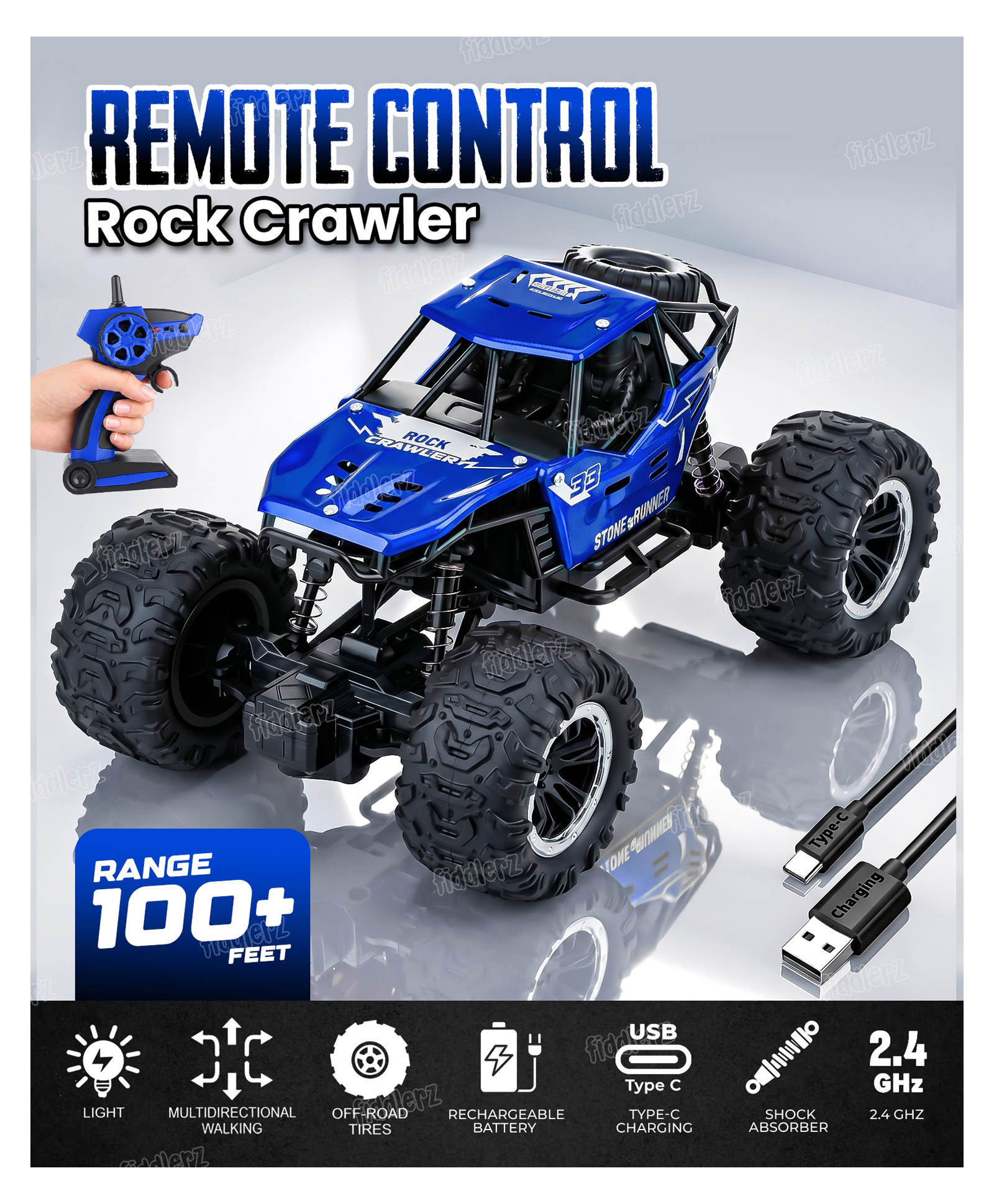 Fiddlerz Remote Control Car Toy for Kids | Rock Crawler Monster Truck Drift RC Car | 100+ft Range 2.4GHz Remote | Rechargeable Battery | Type-C USB | Off-Road Climbing Racing Car | Birthday Gift Blue-image-12