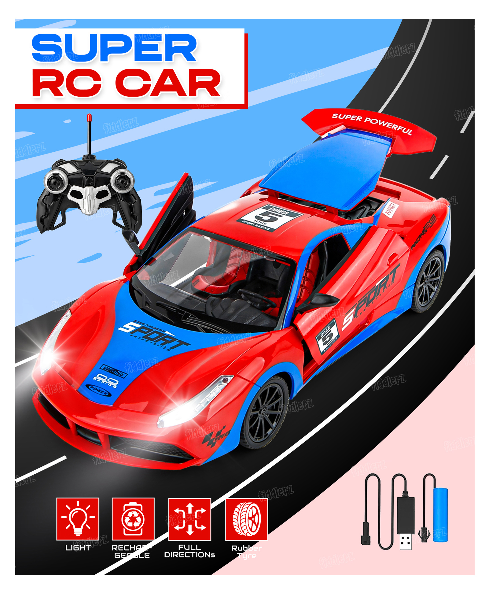 Fiddlerz Remote Control Racing Car for Kids High Speed RC Sports Car with Realistic Design Rechargeable Toy Car for Boys and Girls- Red-image-8