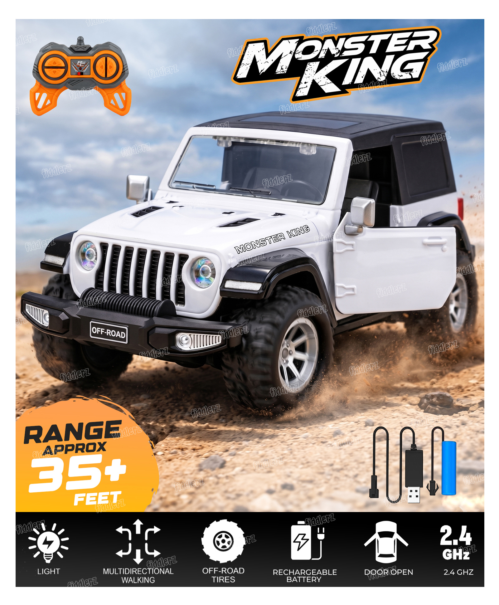 Fiddlerz Remote Control Car Toy for Kids RC Jeep Style Off-Road Car 4x4 Remote Control Toy Vehicle for Rough Terrain Play - White-picture-19