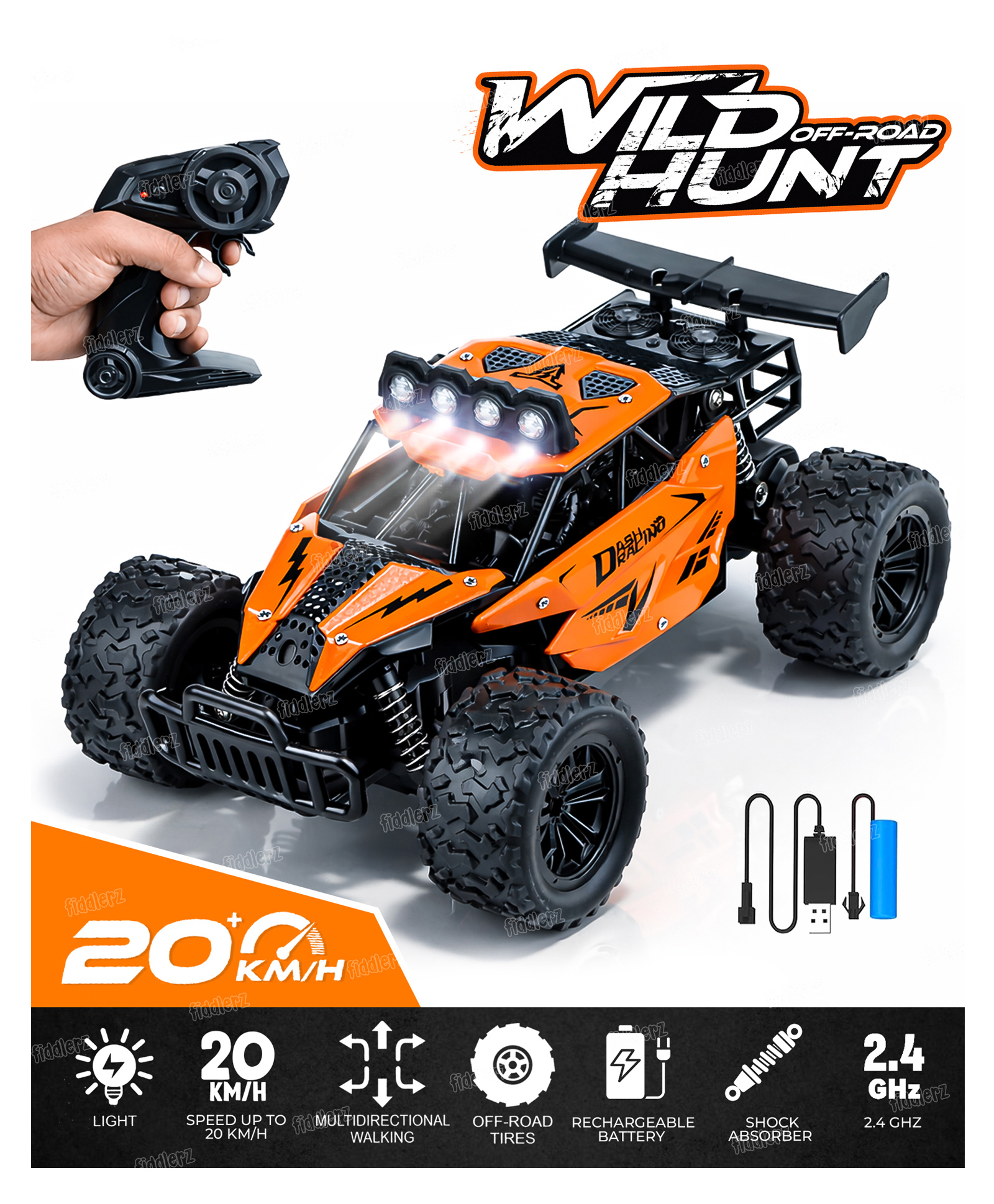 Fiddlerz Remote Control Car Toy for Kids RC Rock Crawler Car Big Tyre RC Off-Road Toy for Outdoor Play - Orange-picture-27