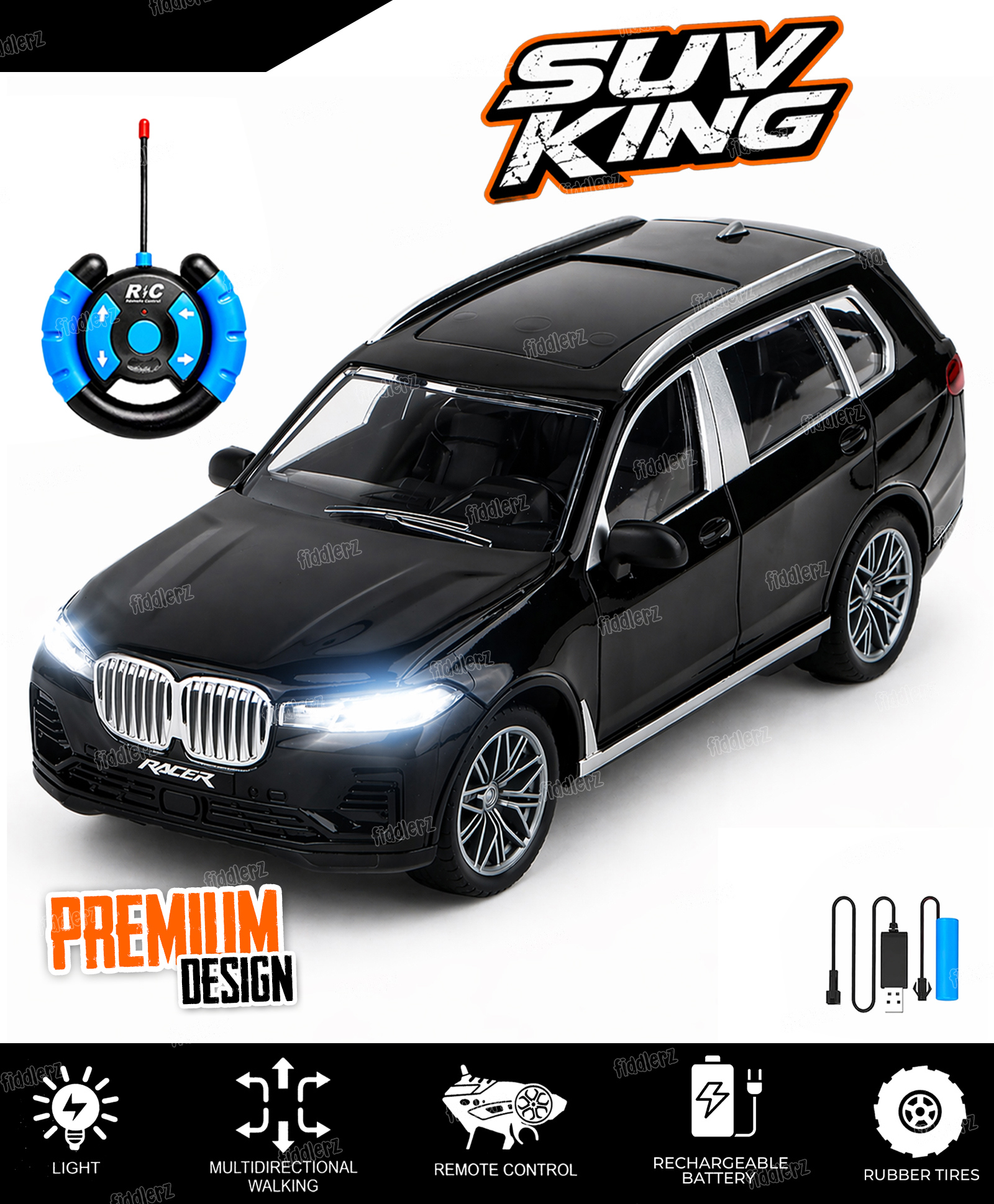 Fiddlerz Remote Control Car Toy for Kids with LED Lights Stylish RC Racing Toy for Indoor and Outdoor Fun for Boys and Girls - Black-picture-18