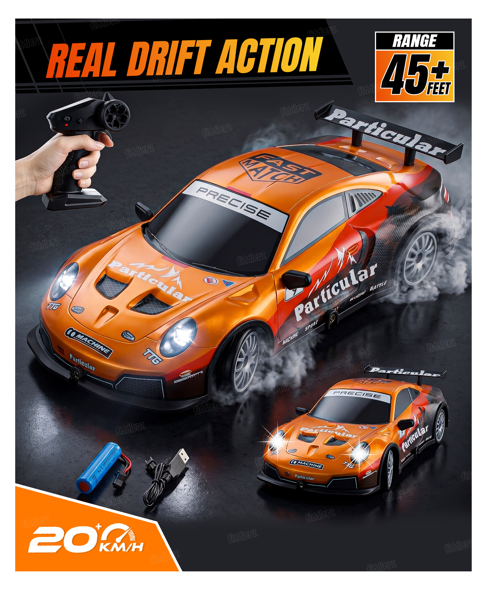 Fiddlerz Remote Control Racing Car for Kids High Speed RC Sports Car with Realistic Design Rechargeable Toy Car for Boys and Girls - Orange-image-48