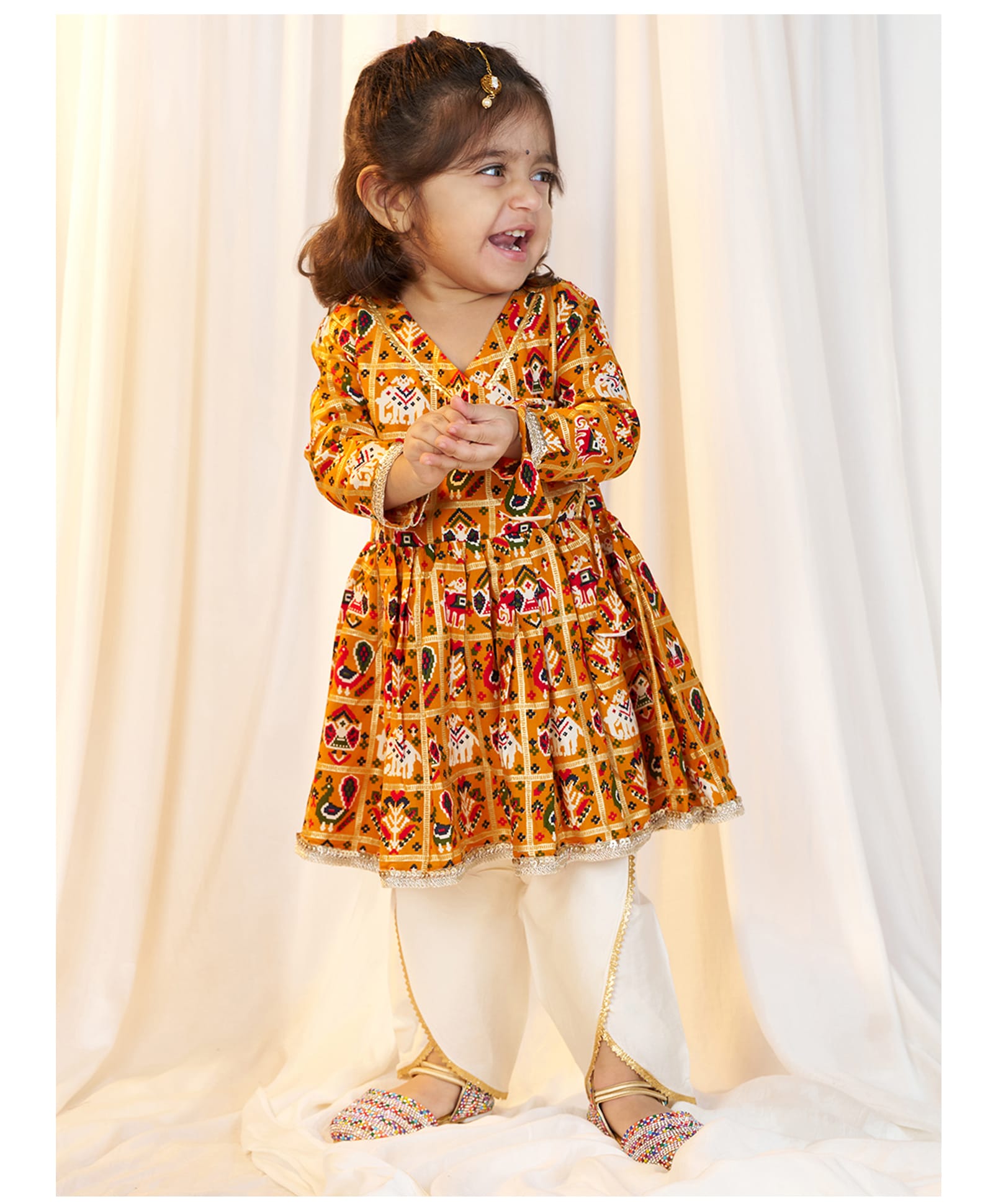Vastramay Rayon Woven Full Sleeves Patola Printed Kurti & Dhoti Set - Yellow-image-10