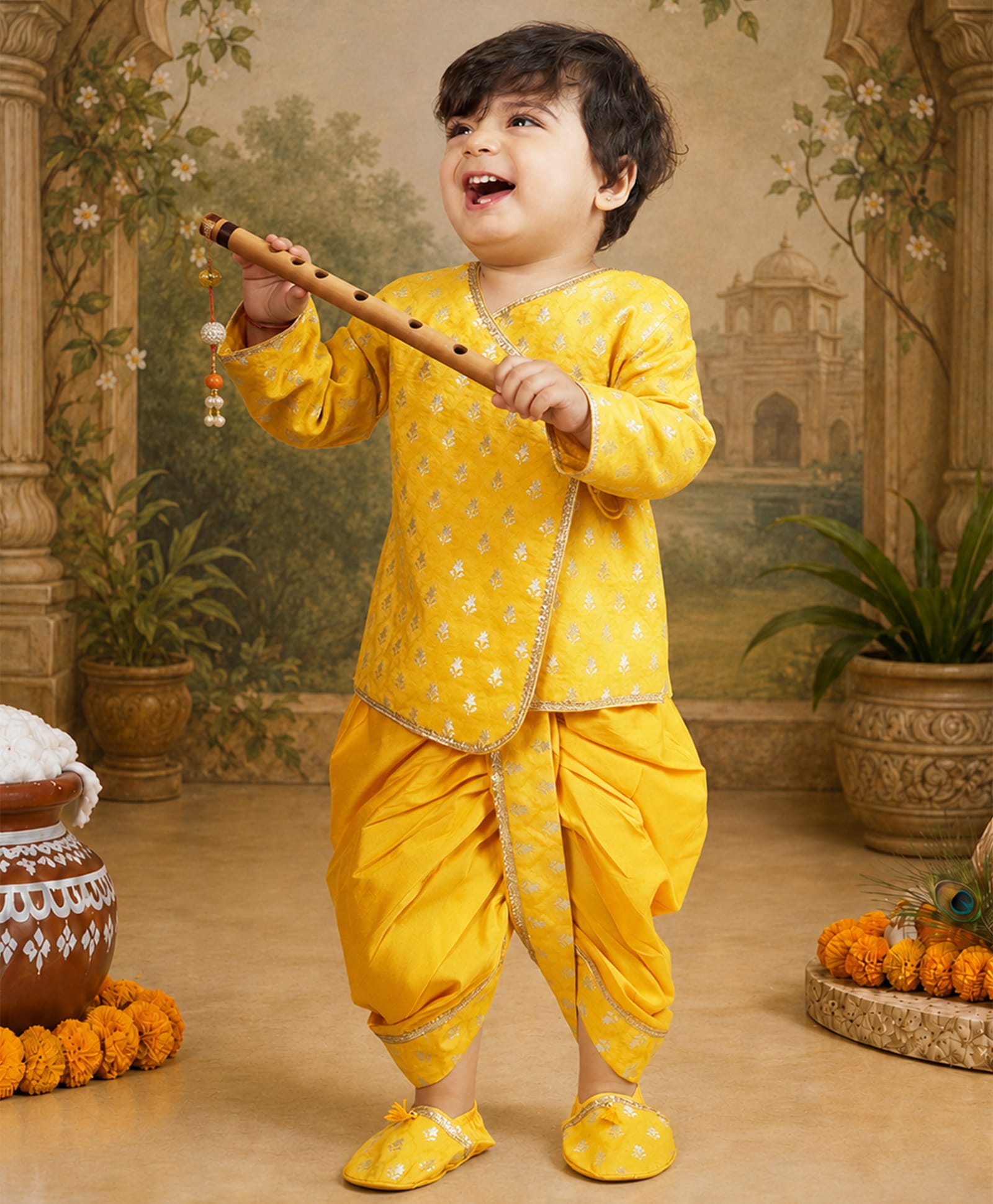 Vastramay Viscose Woven Full Sleeves Leaves Printed Kurta & Dhoti Set - Mustard-image-3
