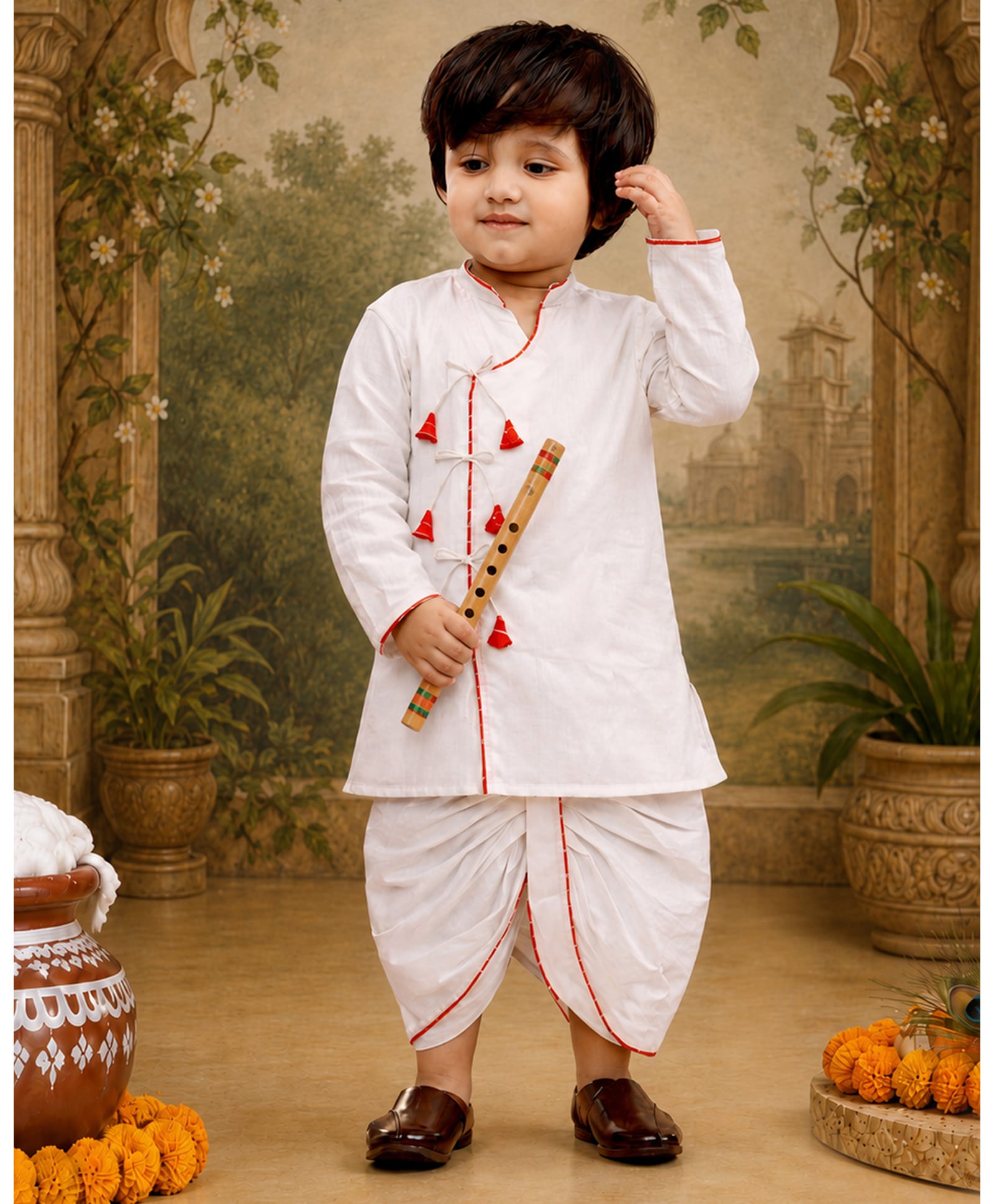Vastramay Cotton Woven Full Sleeves Solid Kurta & Dhoti - White-image-37