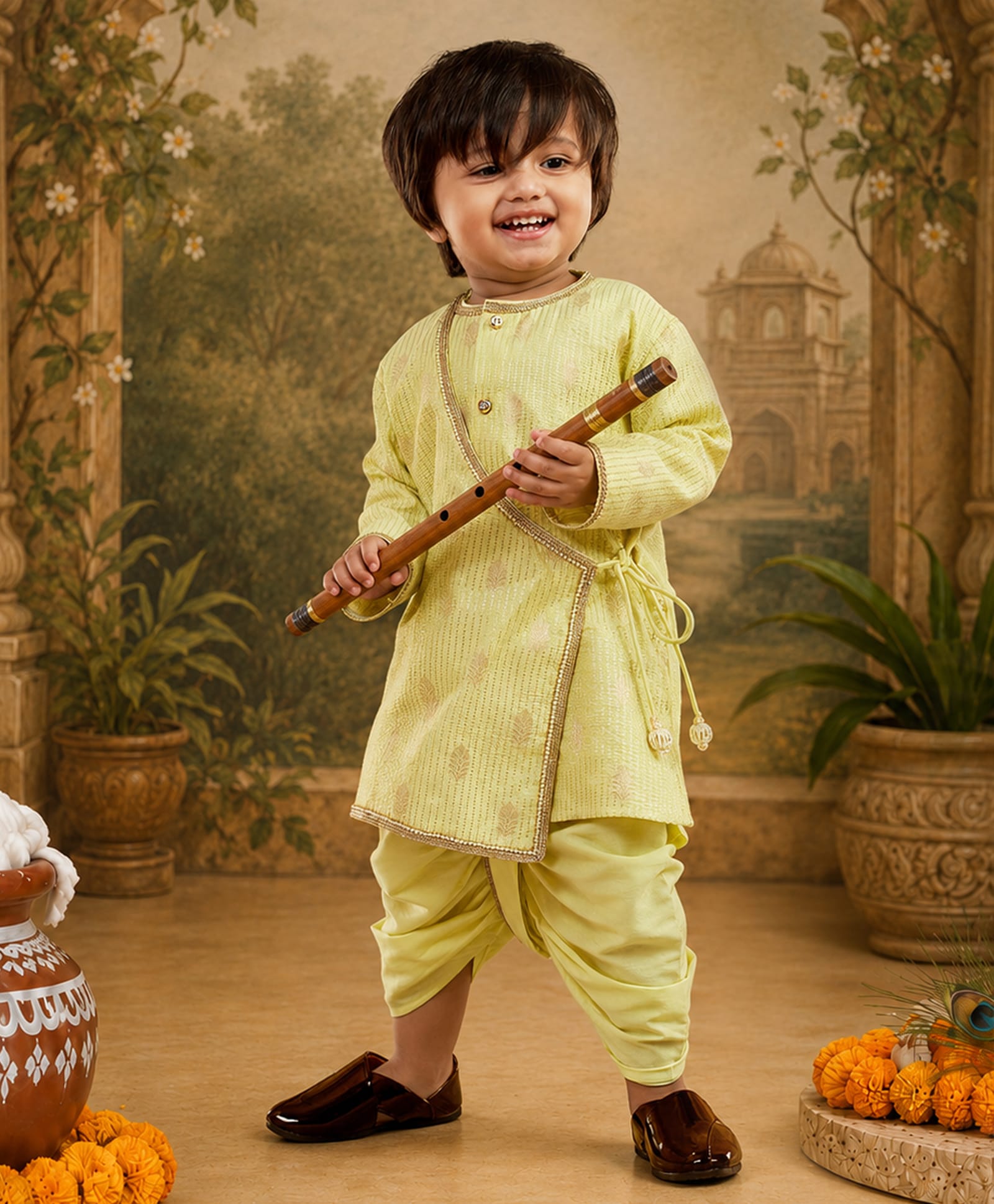 Vastramay Silk Woven Full Sleeves Leaves Printed Kurta & Dhoti - Mint Green-image-17