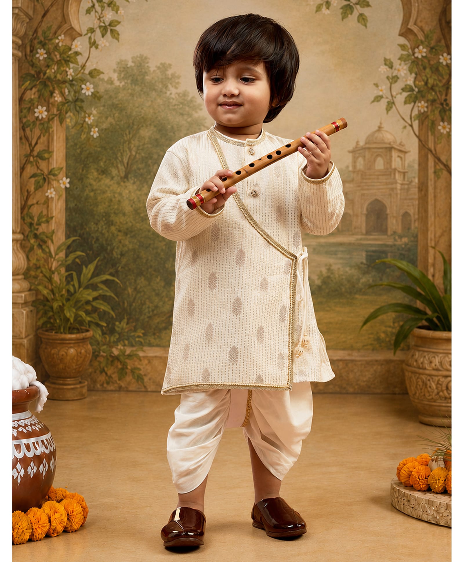 Vastramay Silk Woven Full Sleeves Leaves Printed Kurta & Dhoti - Cream-picture-18