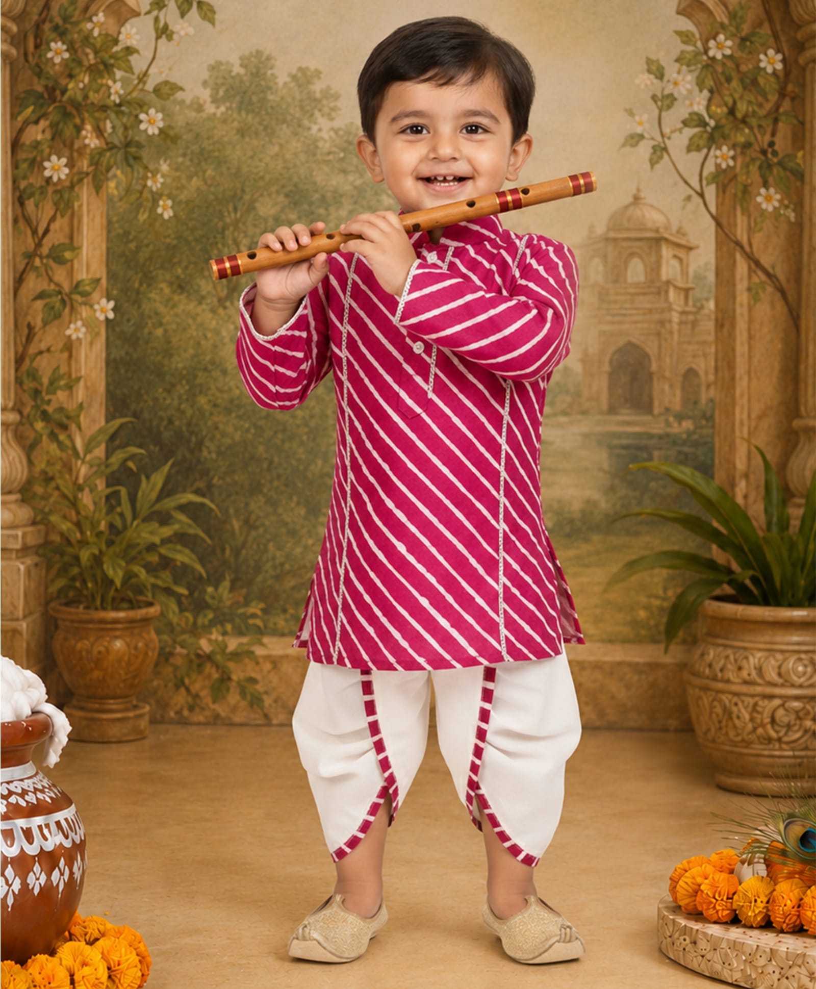 Vastramay Cotton Woven Full Sleeves Leheriya Printed Kurta & Dhoti - Pink-image-35