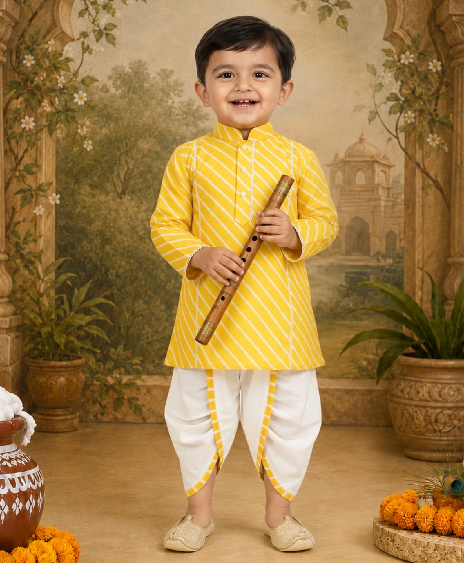 Vastramay Cotton Woven Full Sleeves Leheriya Printed Kurta & Dhoti - Yellow-image-16