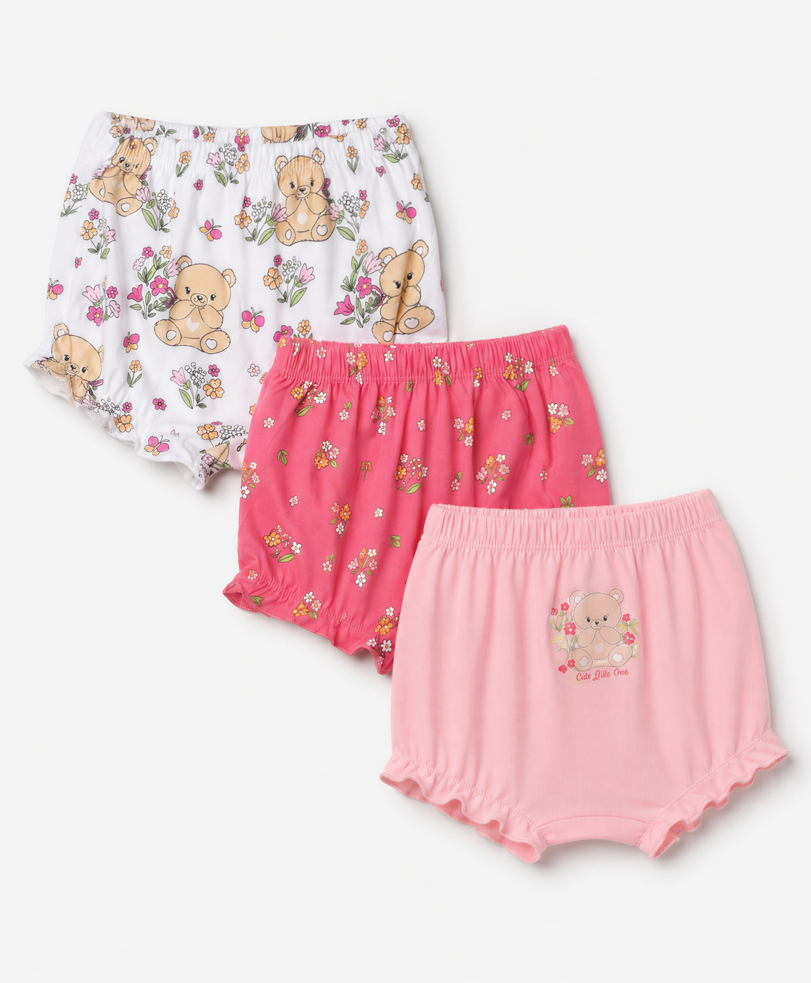 Babyhug 100% Cotton Single Jersey Knit Bloomers With Teddy Bear & Floral Print Pack of 3 - Pink, Red & White-image-24
