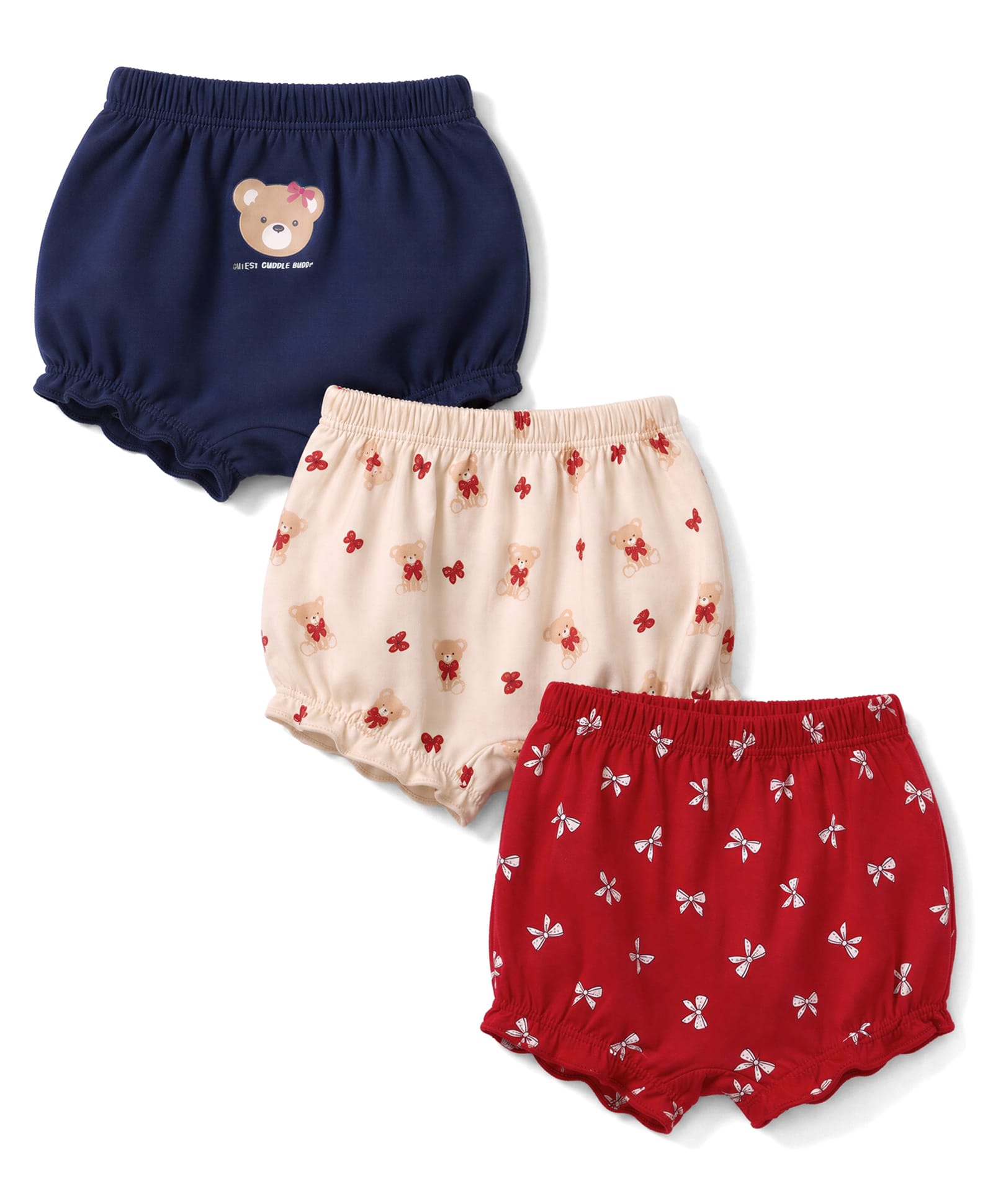 Babyhug 100% Cotton Single Jersey Knit Bloomer With Teddy Bear & Bow Print Pack of 3 - Maroon, Navy & Offwhite-picture-10