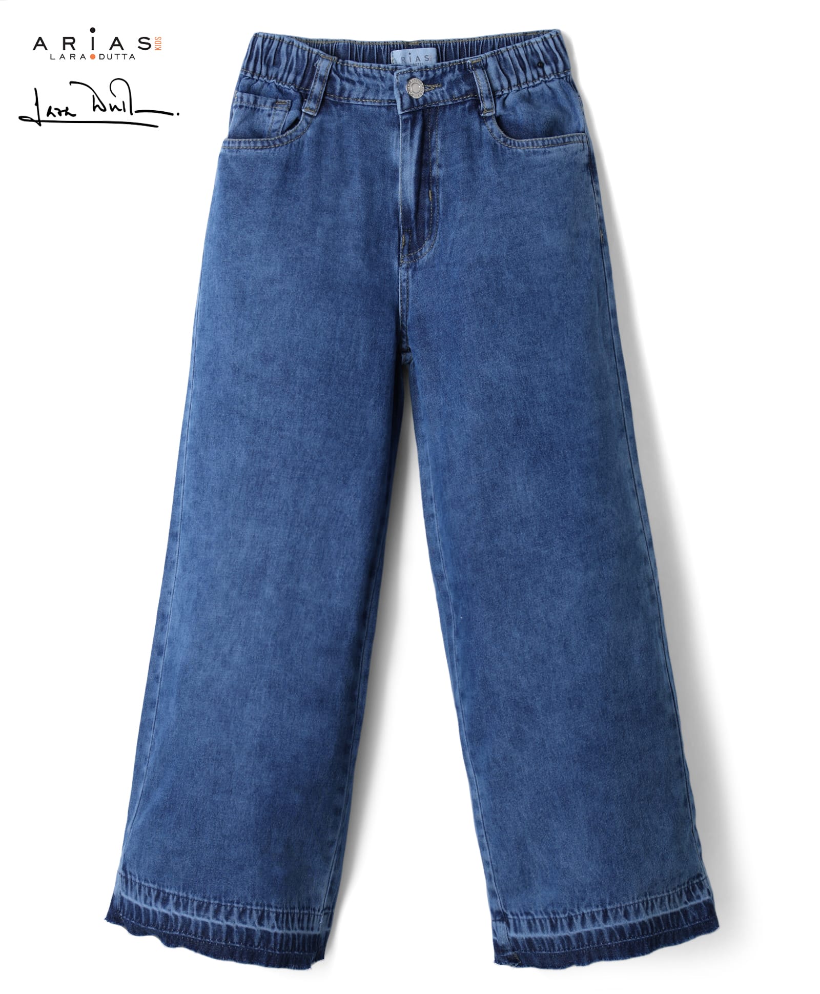 Arias Cotton Elastane Woven Full Length Wide Leg Washed Jeans With Pocket & Raw Edge at Bottom - Blue-image-45