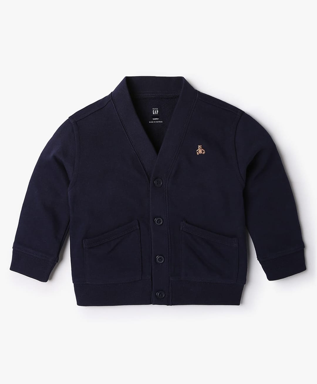 GAP Cotton Knit Relaxed Jacket V-Neck with Full Sleeves and Logo Print - Navy Blue-image-0