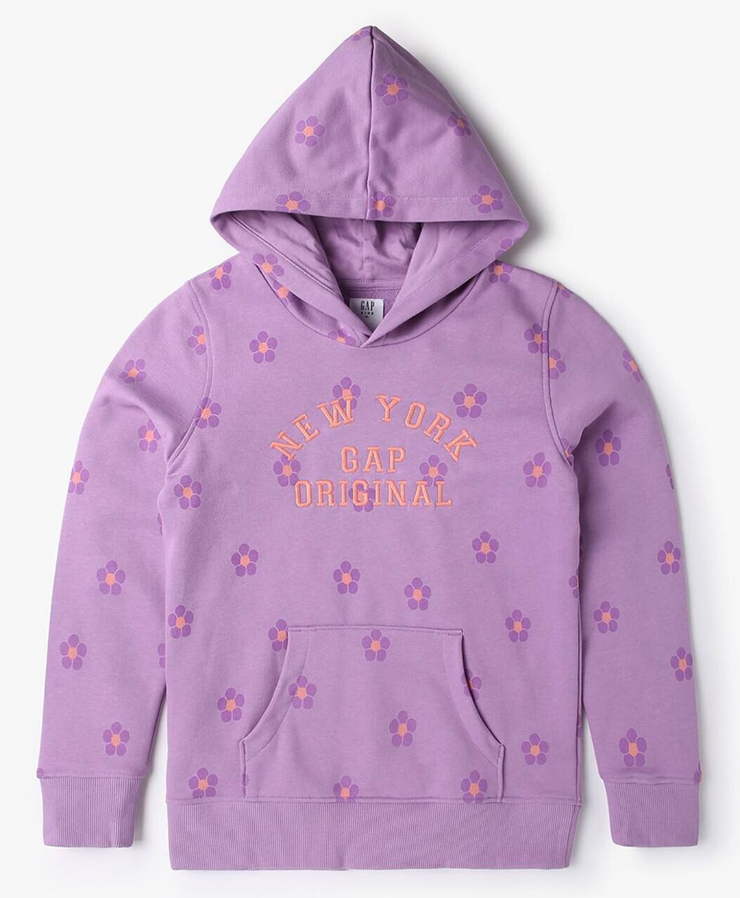 GAP Cotton Woven Full Sleeves Relaxed Fit Hooded Neck Sweatshirt With Floral Print & Text Embroidered - Purple-image-45