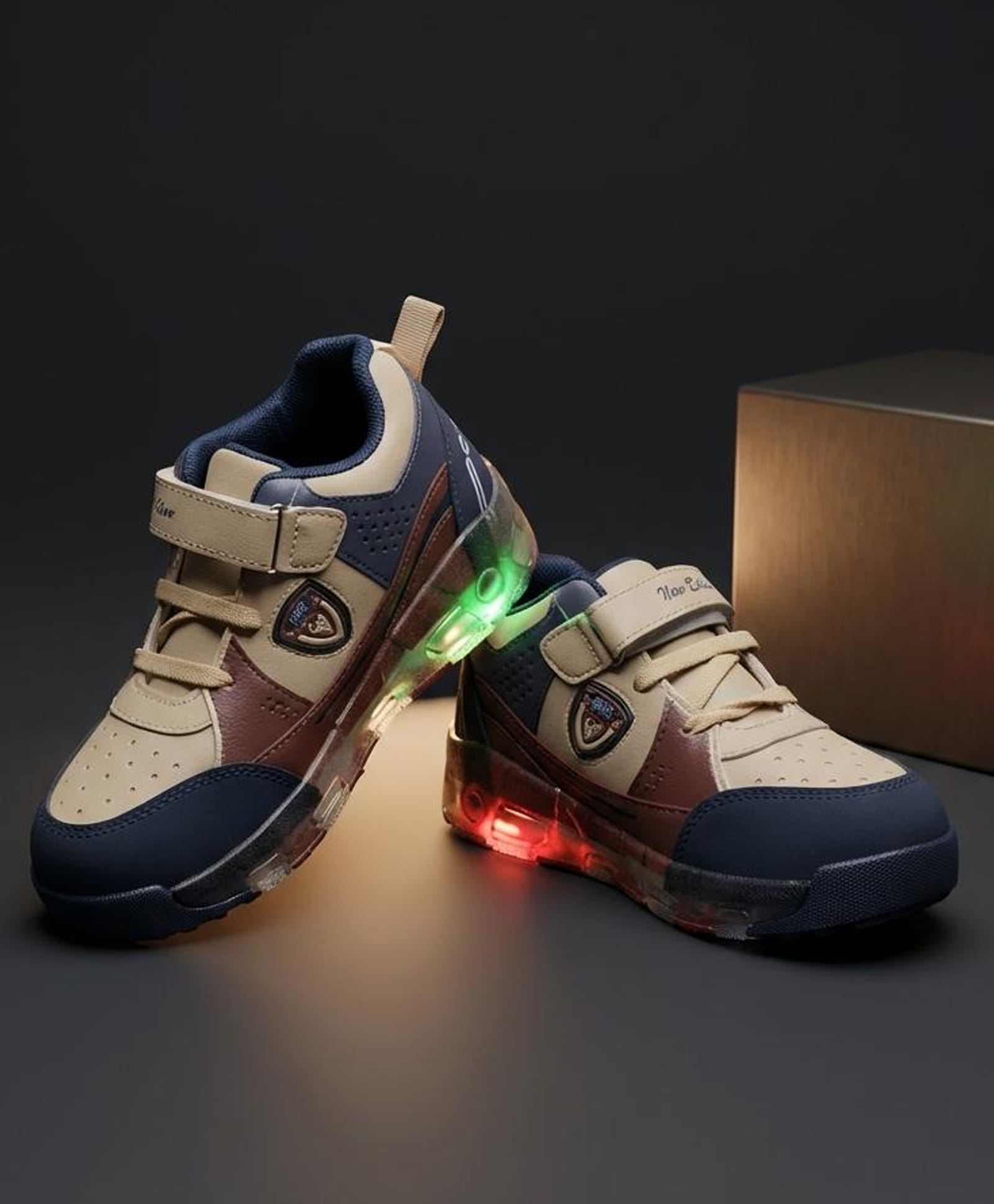 HAPPY FEET Colour Blocked Badge Detailed Velcro Closure LED Shoes - Beige-image-0