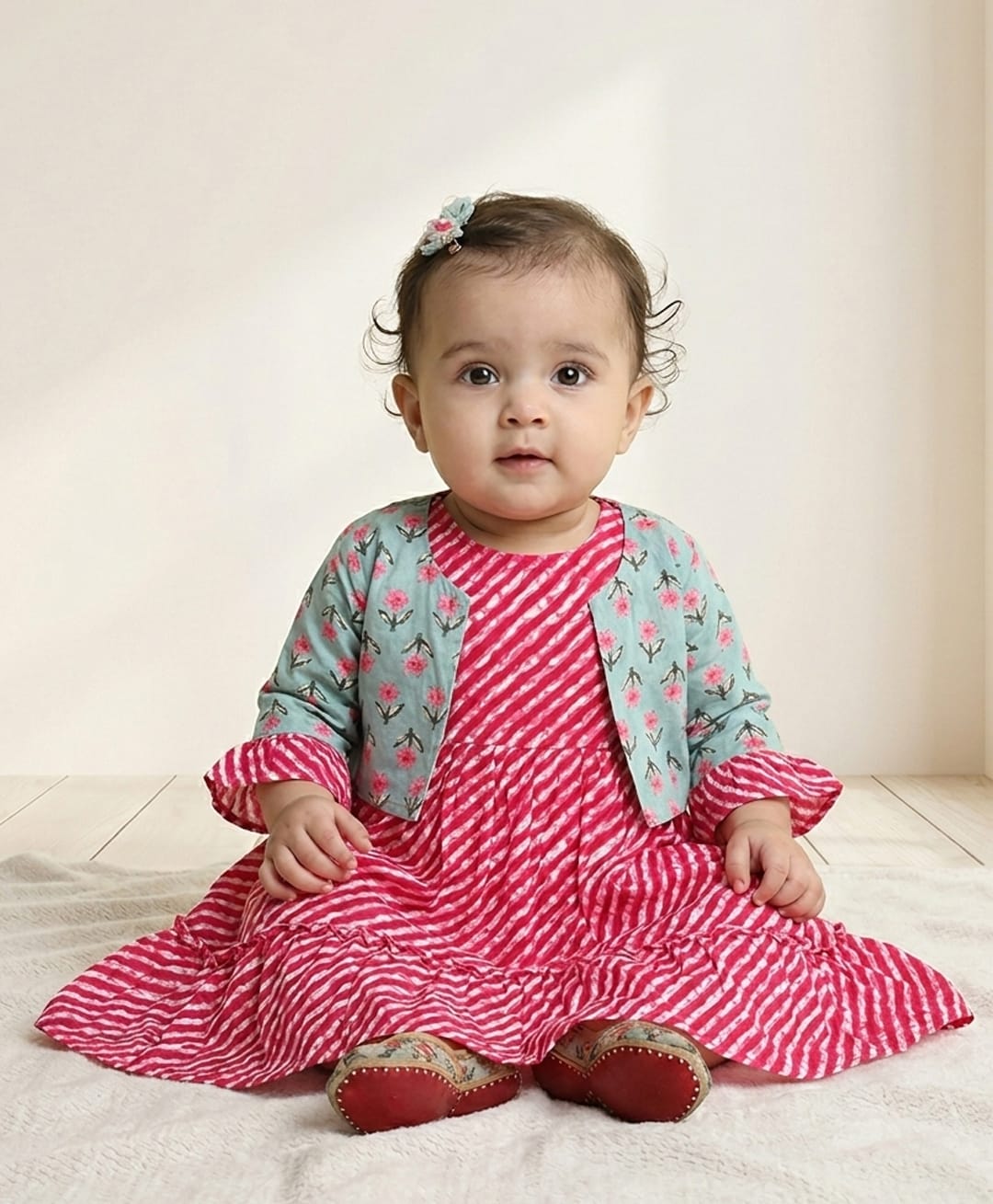 Kinder Kids Cotton Woven Leheriya Printed Dress With Three Fourth Sleeves Floral Printed Jacket - Pink & Green-image-13