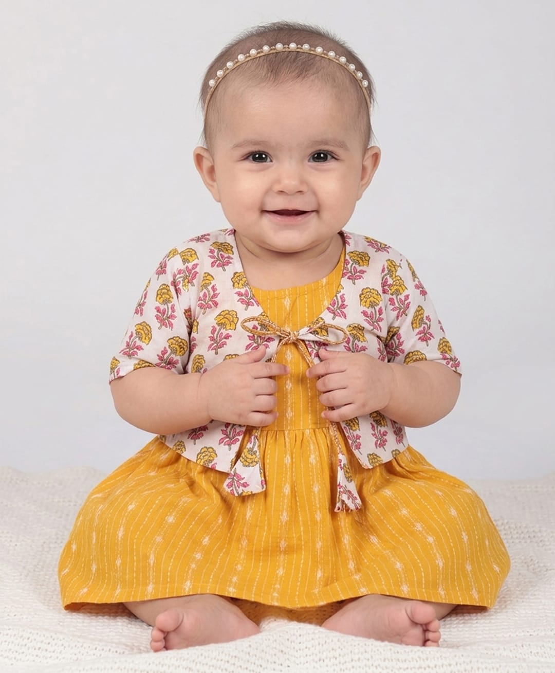 Kinder Kids Cotton Woven Dress With Three Fourth Sleeves Floral Printed Jacket - Yellow & White-image-40