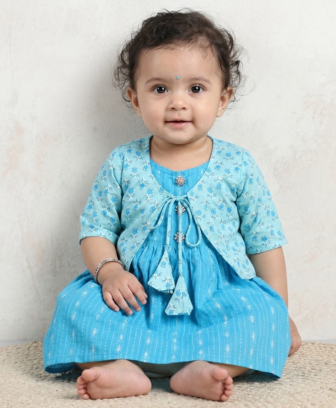 Kinder Kids Cotton Woven Dress With Three Fourth Sleeves Floral Printed Jacket - Blue-image-21