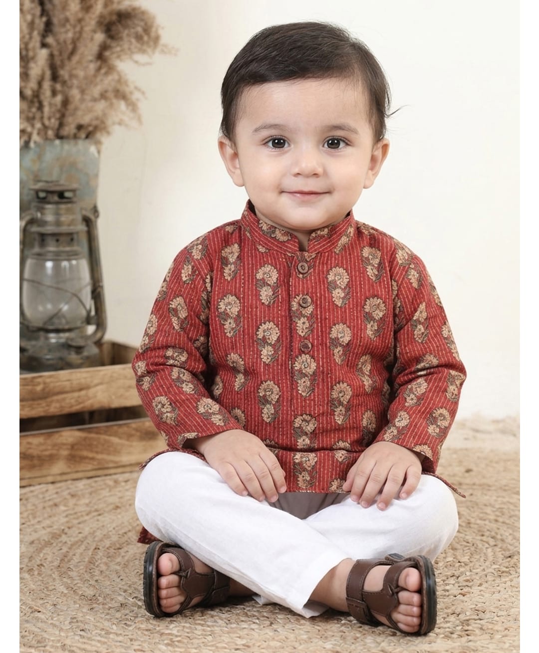 Kinder Kids Cotton Woven Full Sleeves Floral Printed Kurta & Pyjama Set - Red-picture-17