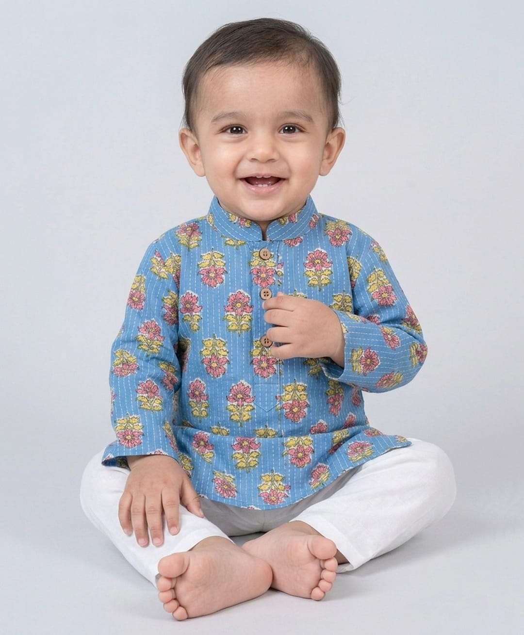 Kinder Kids Cotton Woven Full Sleeves Floral Printed Kurta & Pyjama Set - Blue-image-48