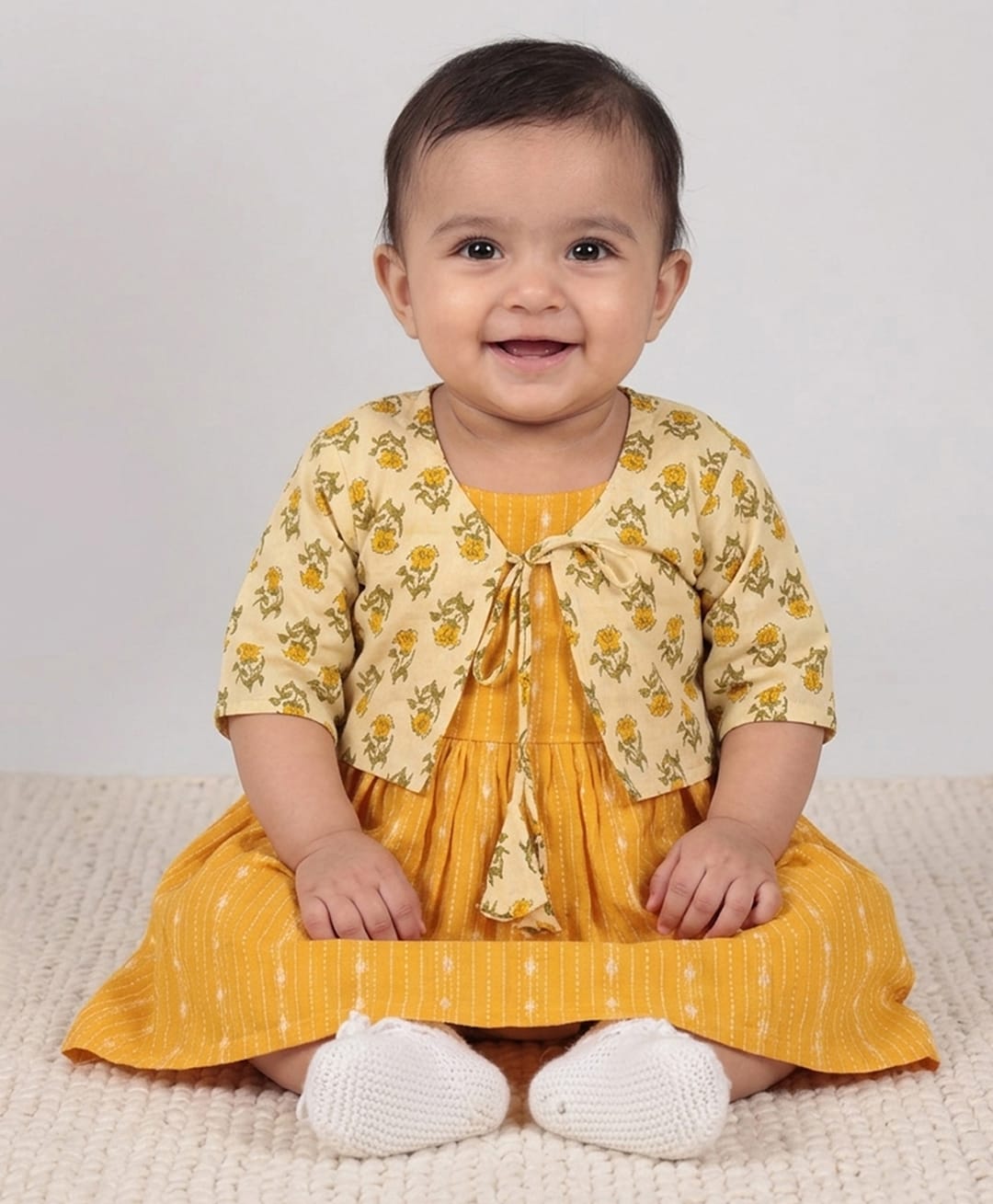 Kinder Kids Cotton Woven Sleeveless Dress With Floral Printed Jacket - Yellow-image-26