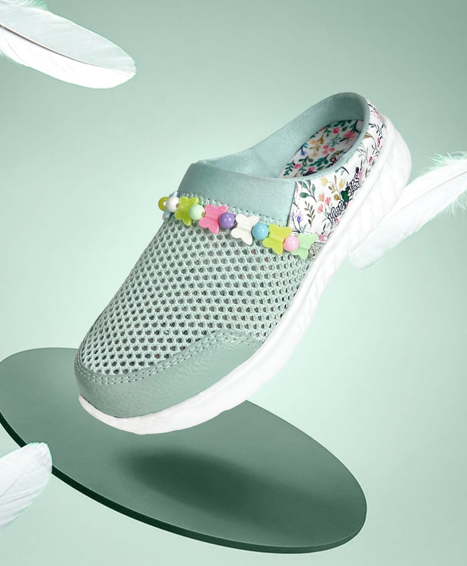 Hopits Mesh Detailed & Floral Printed With Detachable Bracelet Slip On Clogs - Sea Green-image-34