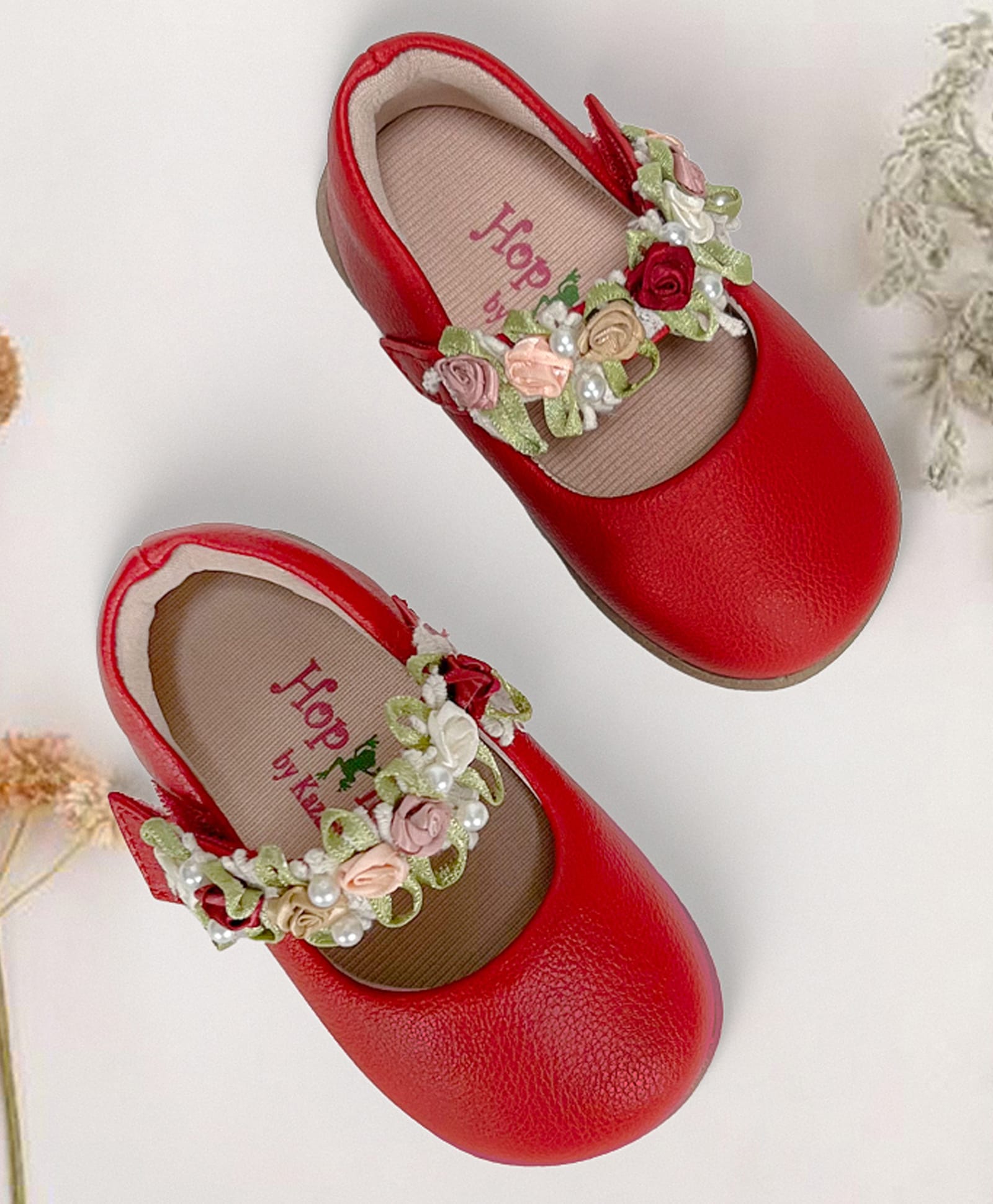 KazarMax Velcro Closure Floral Embellished Flat Ballerina - Red-image-48