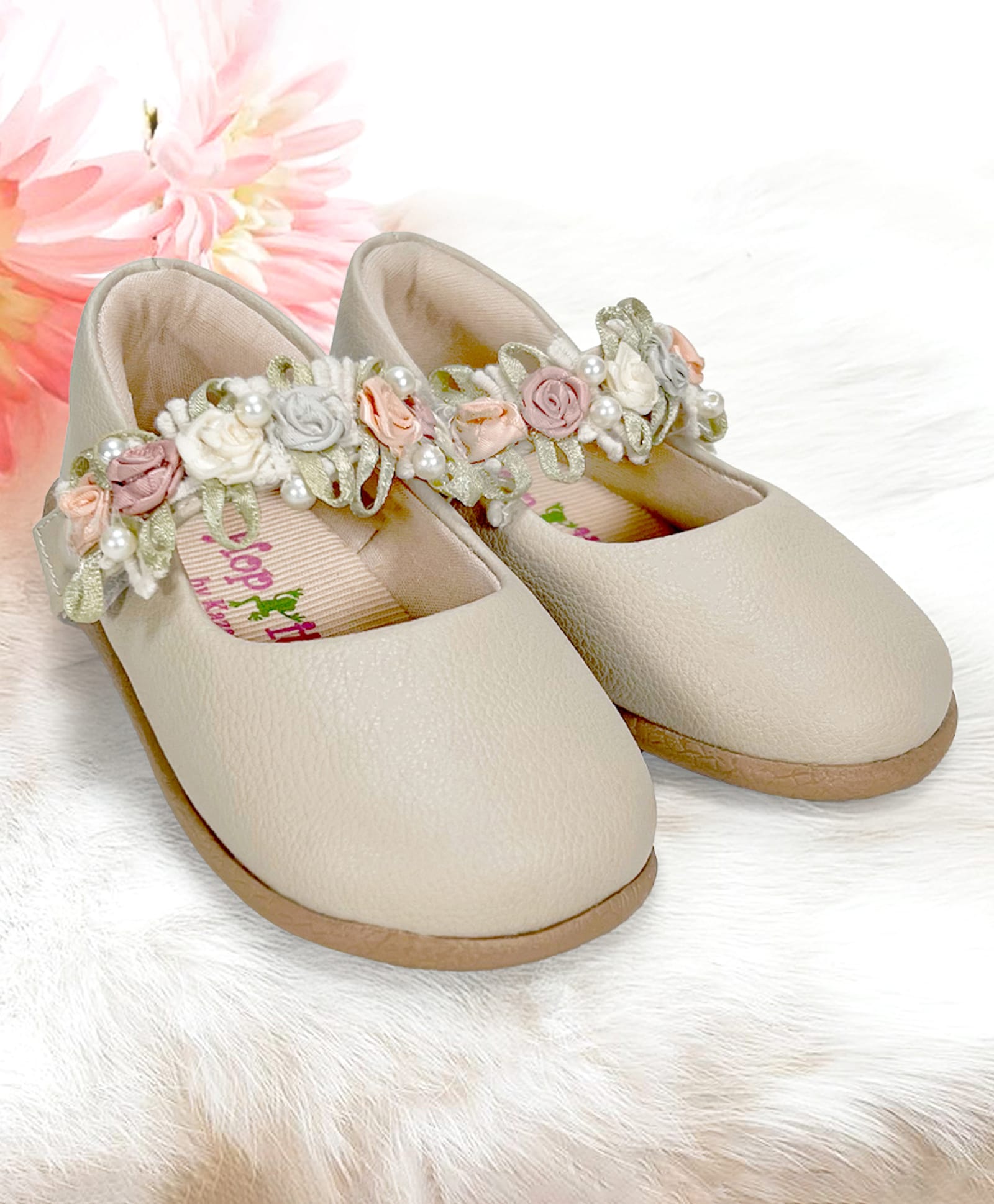 KazarMax Velcro Closure Floral Embellished Ballet Flat Ballerina - Beige-image-35
