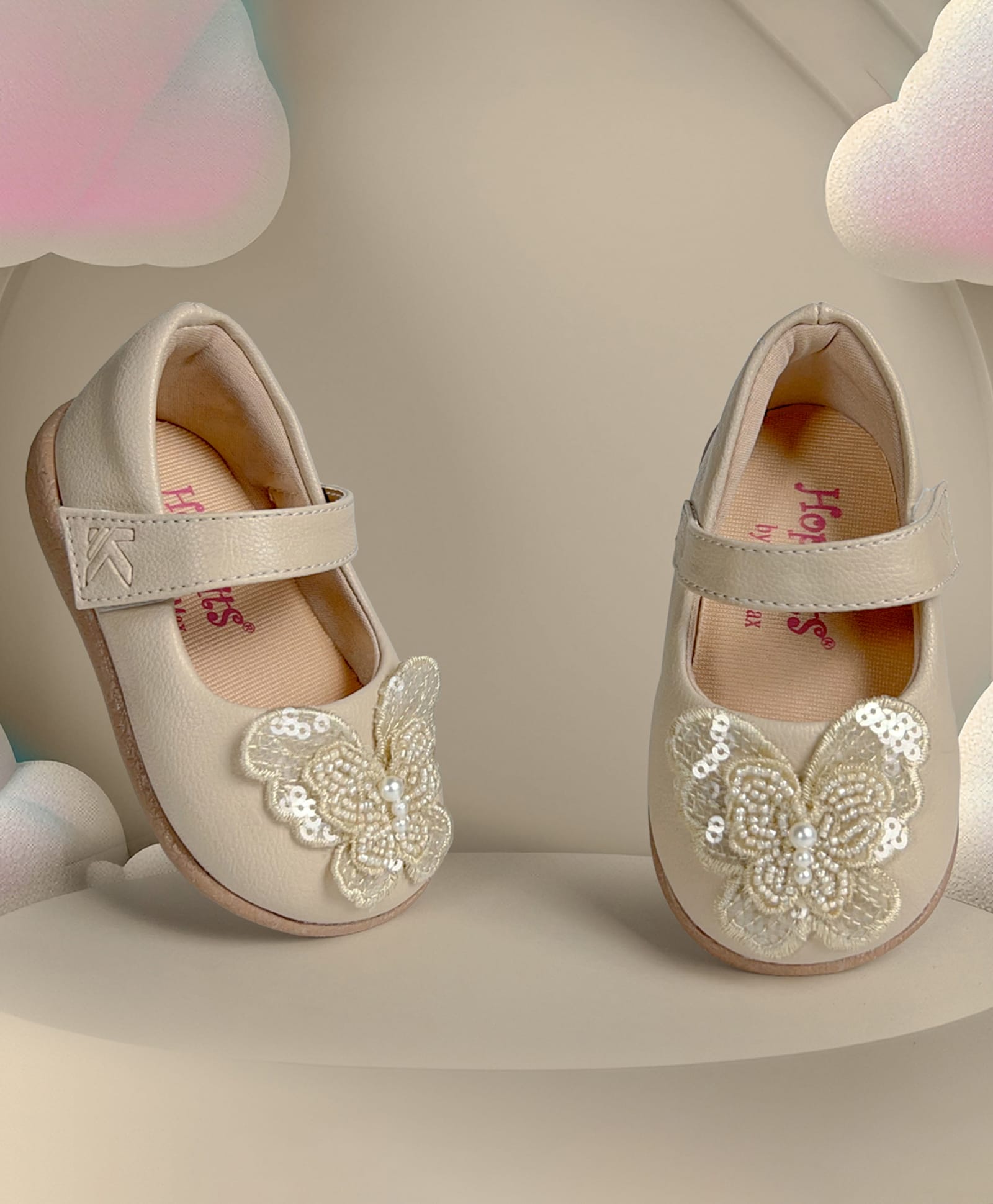 KazarMax Velcro Closure Beads Embellished & Butterfly Applique Mary Jane Ballerina - Beige-image-6