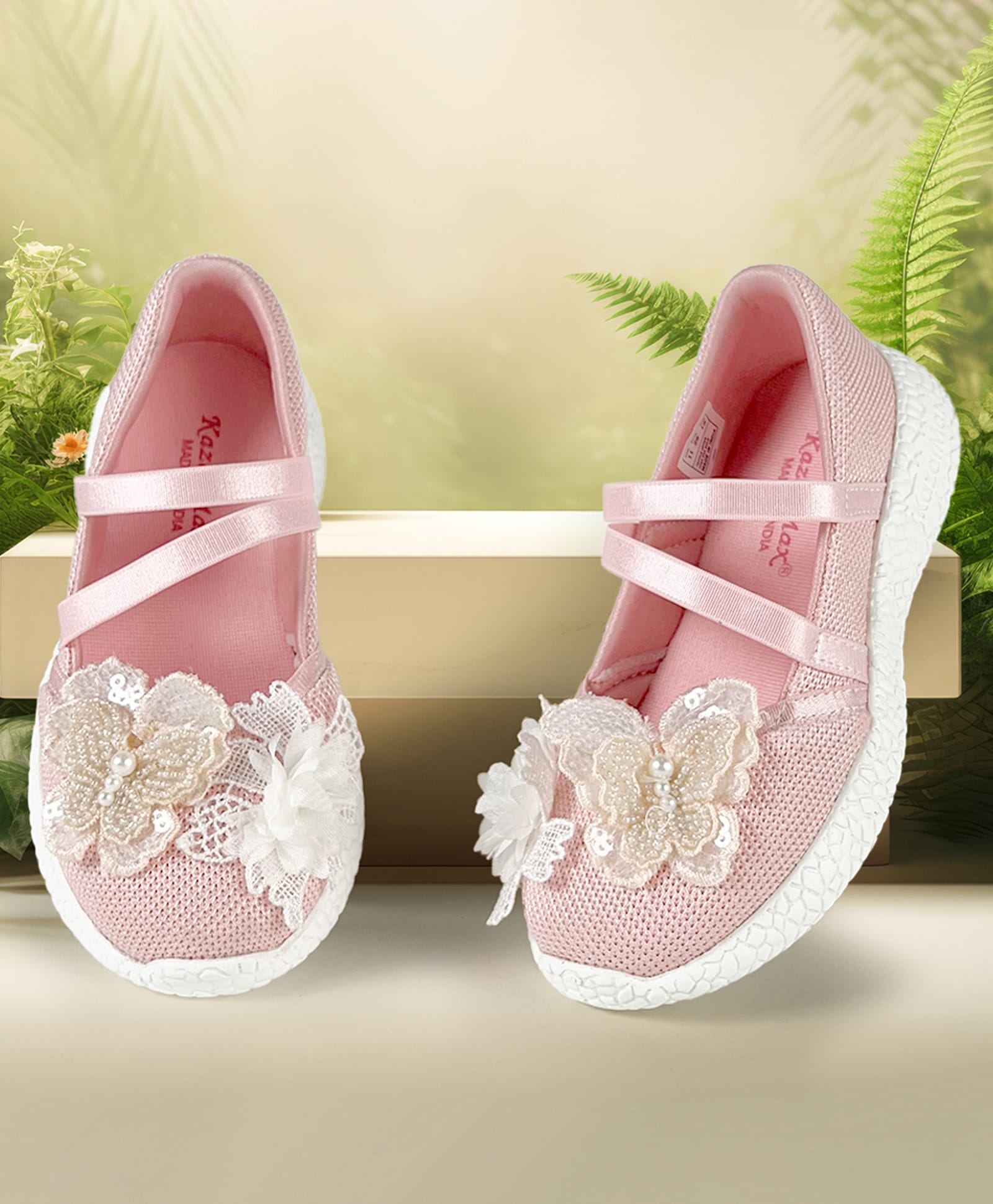 KazarMax Mesh Slip Ons With Butterfly & Floral Applique Ballerina Flats - Peach-picture-18