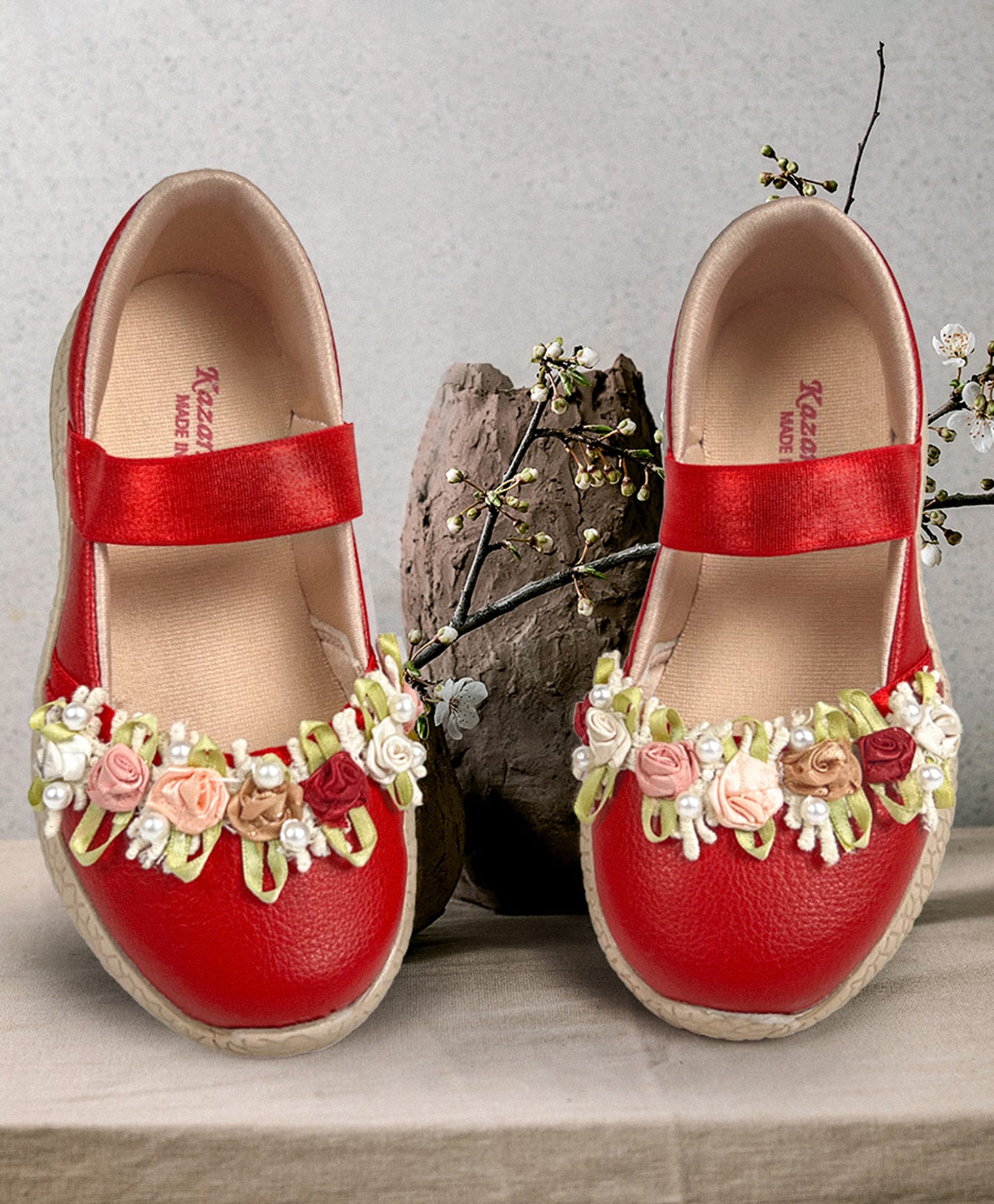 KazarMax Slip On Ballet Flat Ballerina With Flower Embellishment - Red-image-14