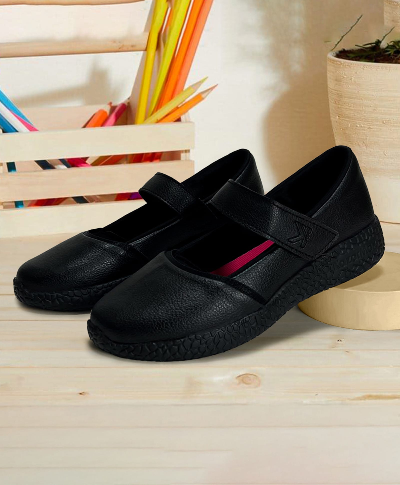 KazarMax Velcro Closure Solid School Shoes Ballet Flat Ballerinas - Black-image-4
