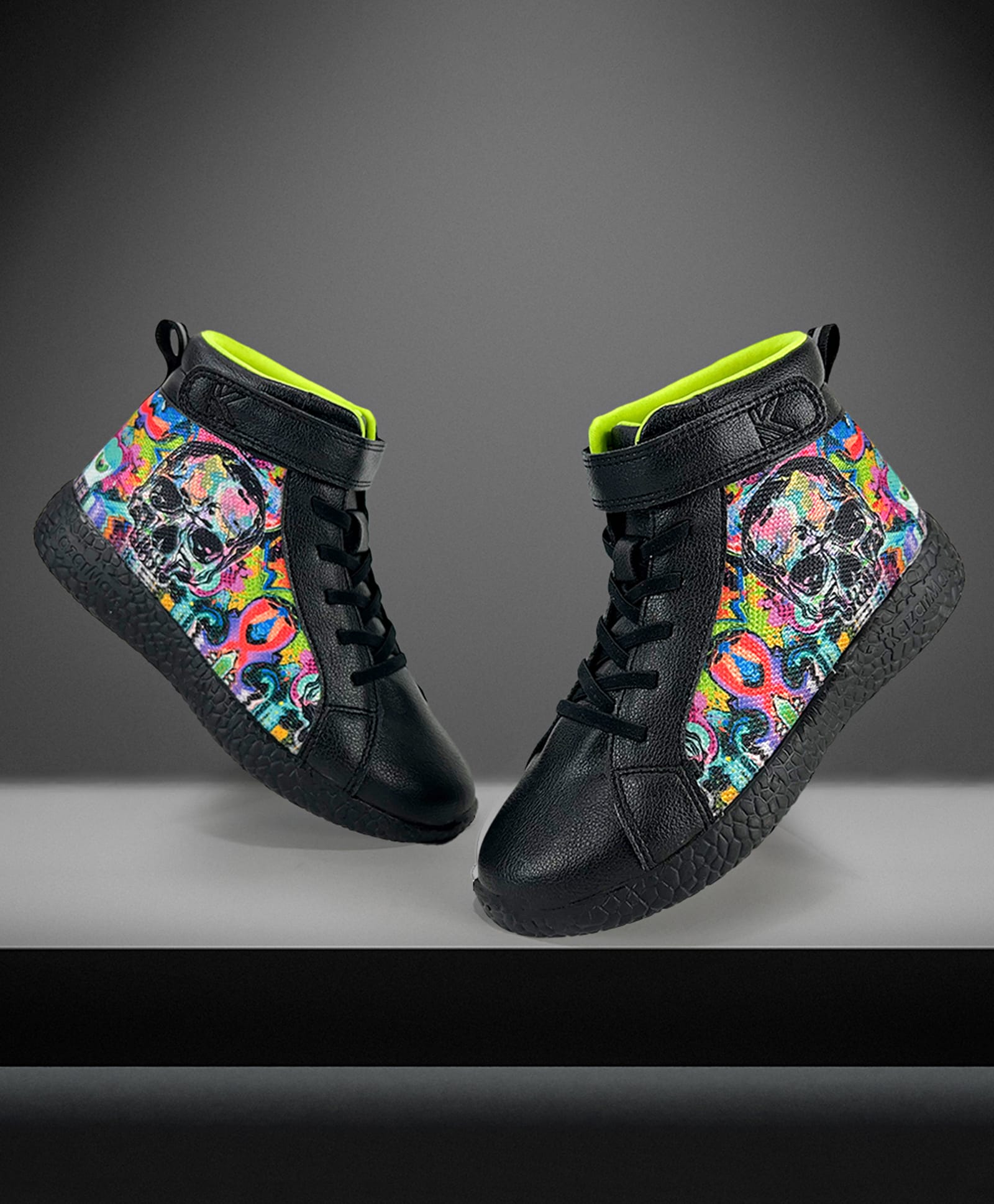 KazarMax Velcro Closure Skull Printed High Top Sneakers -Black-image-24