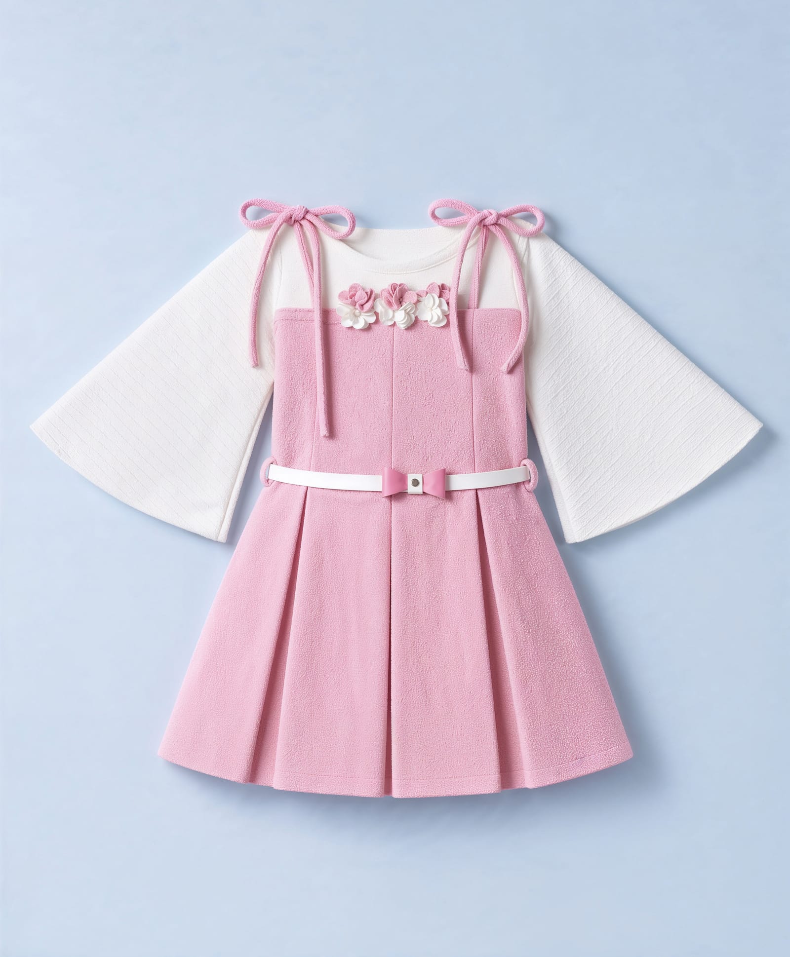 Enfance Cotton Woven Frock With Inner Tee and Belt with Half Sleeves and Floral Applique - Pink-picture-28