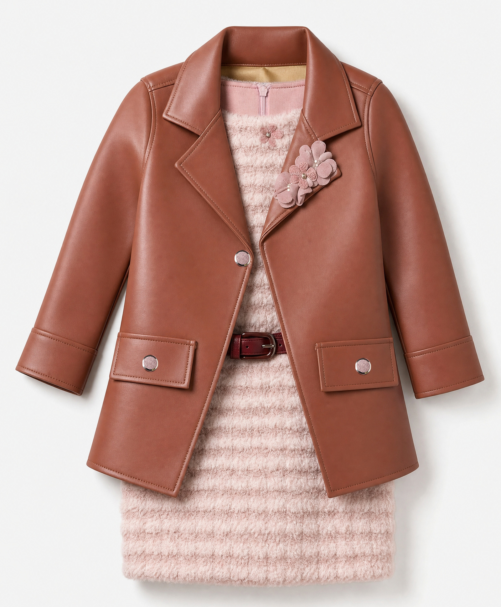 Enfance Fur Knit Woven Sleeveless Party Dress With Jacket & Belt - Rust Orange-image-35
