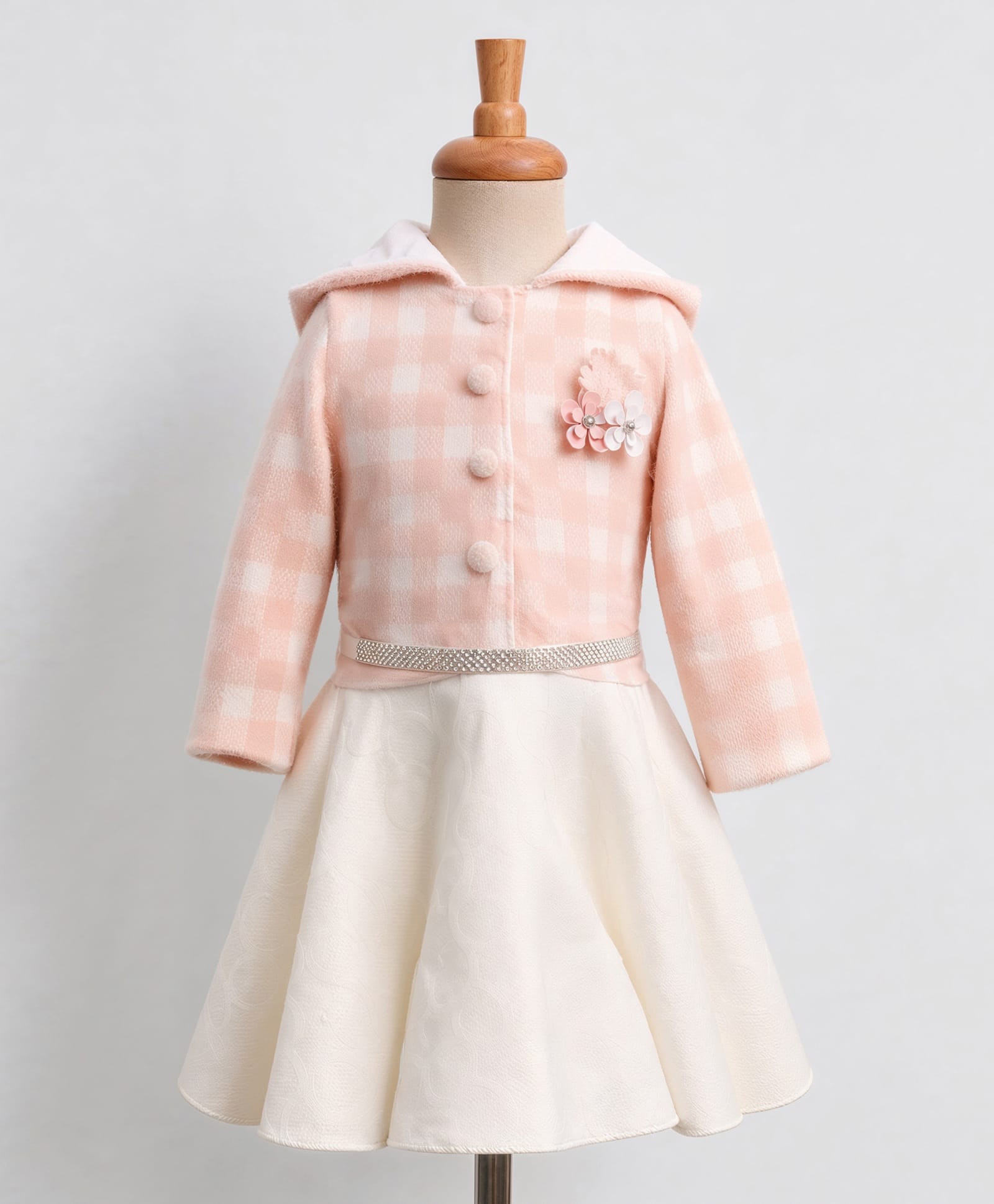 Enfance Cotton Mixes Knit Woven Full Sleeves Hooded Checked Partywear Dress With Flower Applique - Peach-picture-30