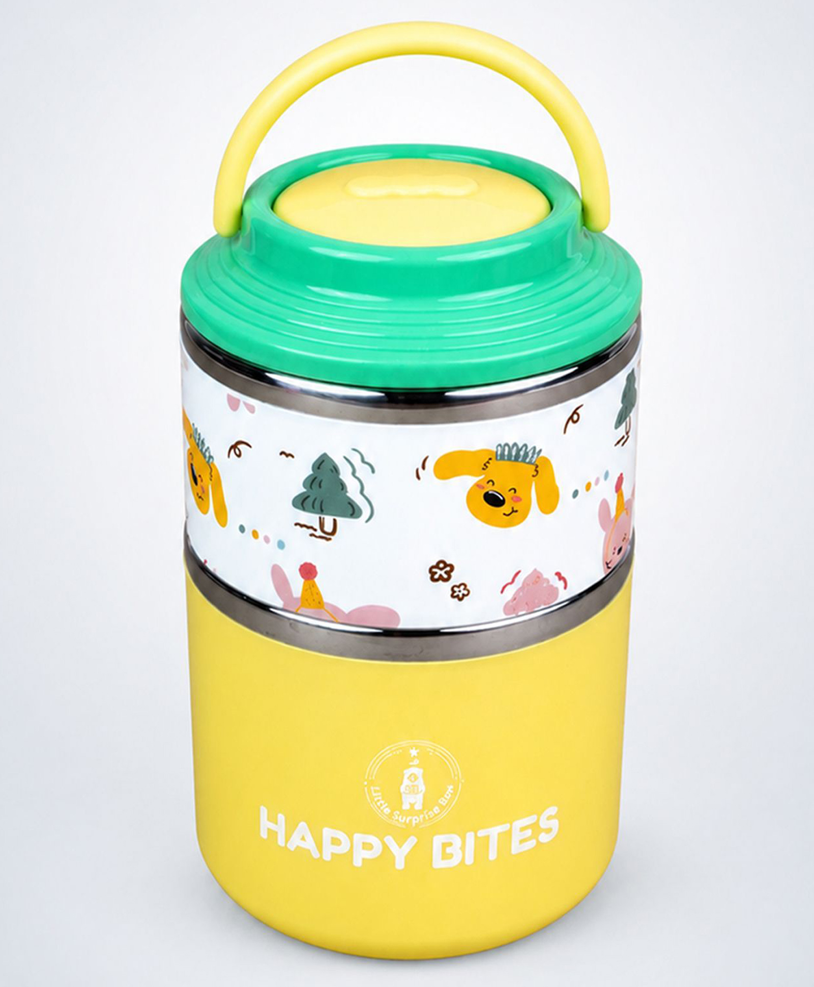 Little Surprise Box Party Dogs Happy Bites Double Decker Stainless Steel Lunch Box-Yellow-image-23
