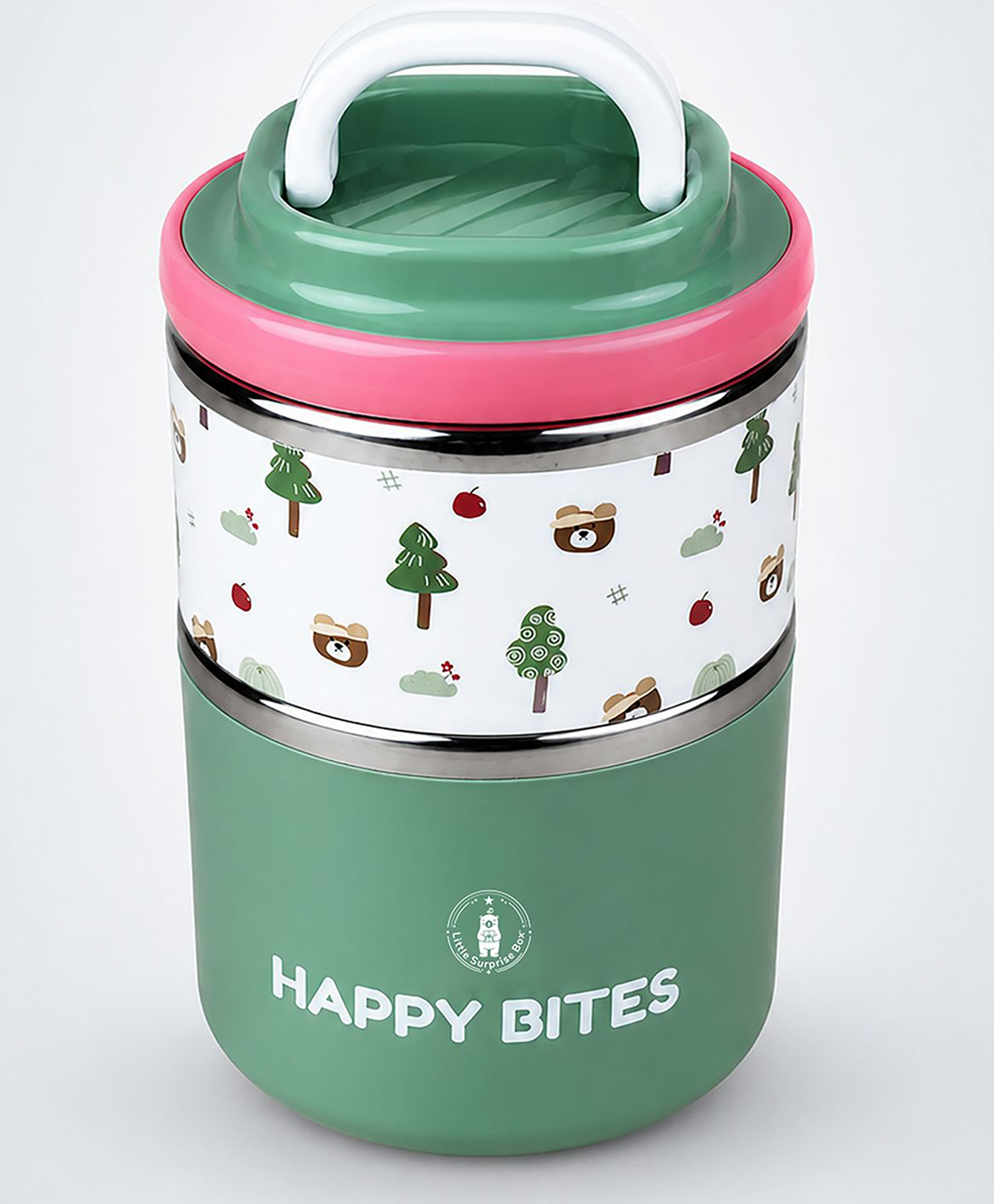 Little Surprise Box Forest Bear Happy Bites Double Decker Stainless Steel Lunch Box-Green-image-6